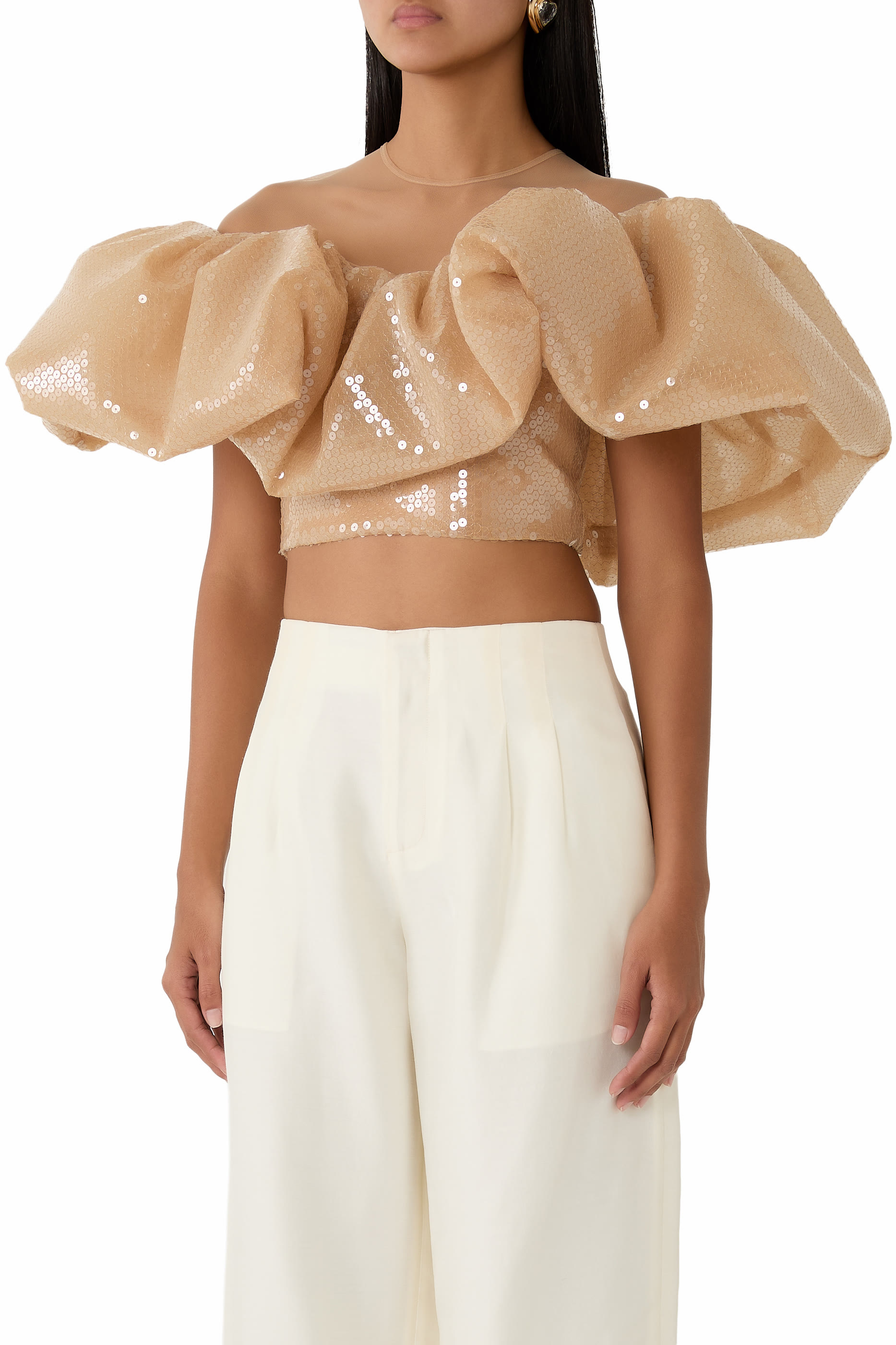 Off-Shoulder Cropped Sequin Puff Top