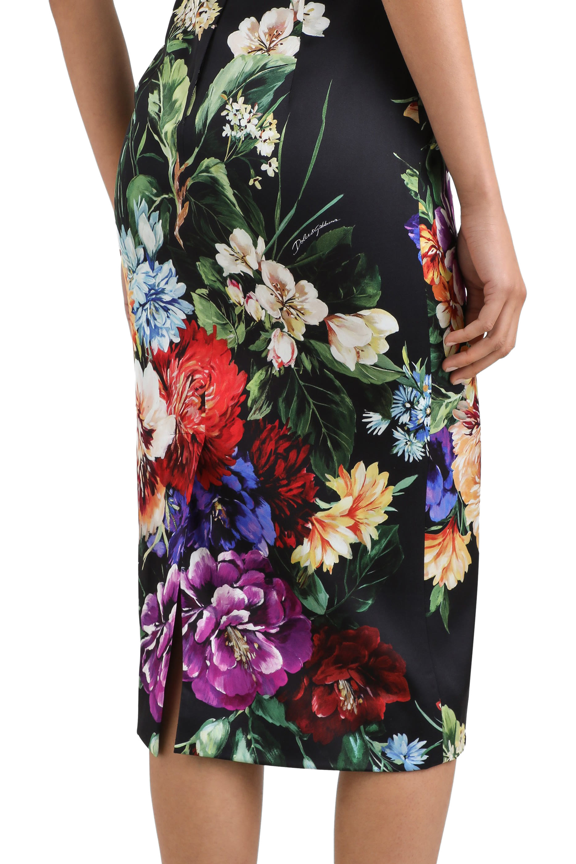 Floral-Print Fitted Satin Dress