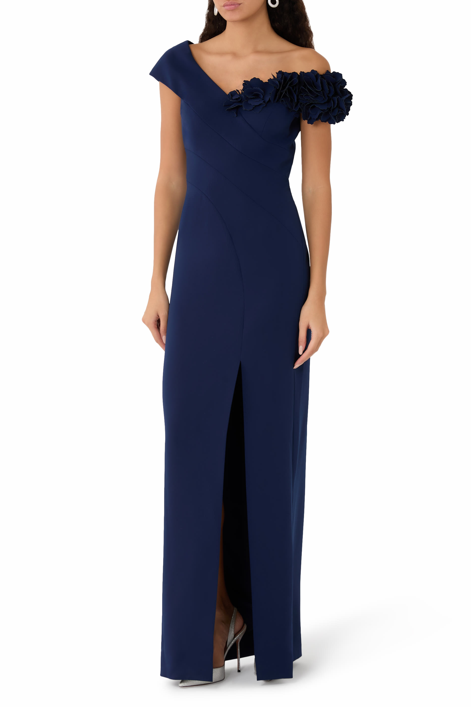 Stretch Crepe 3D Flower Asymmetrical Gown