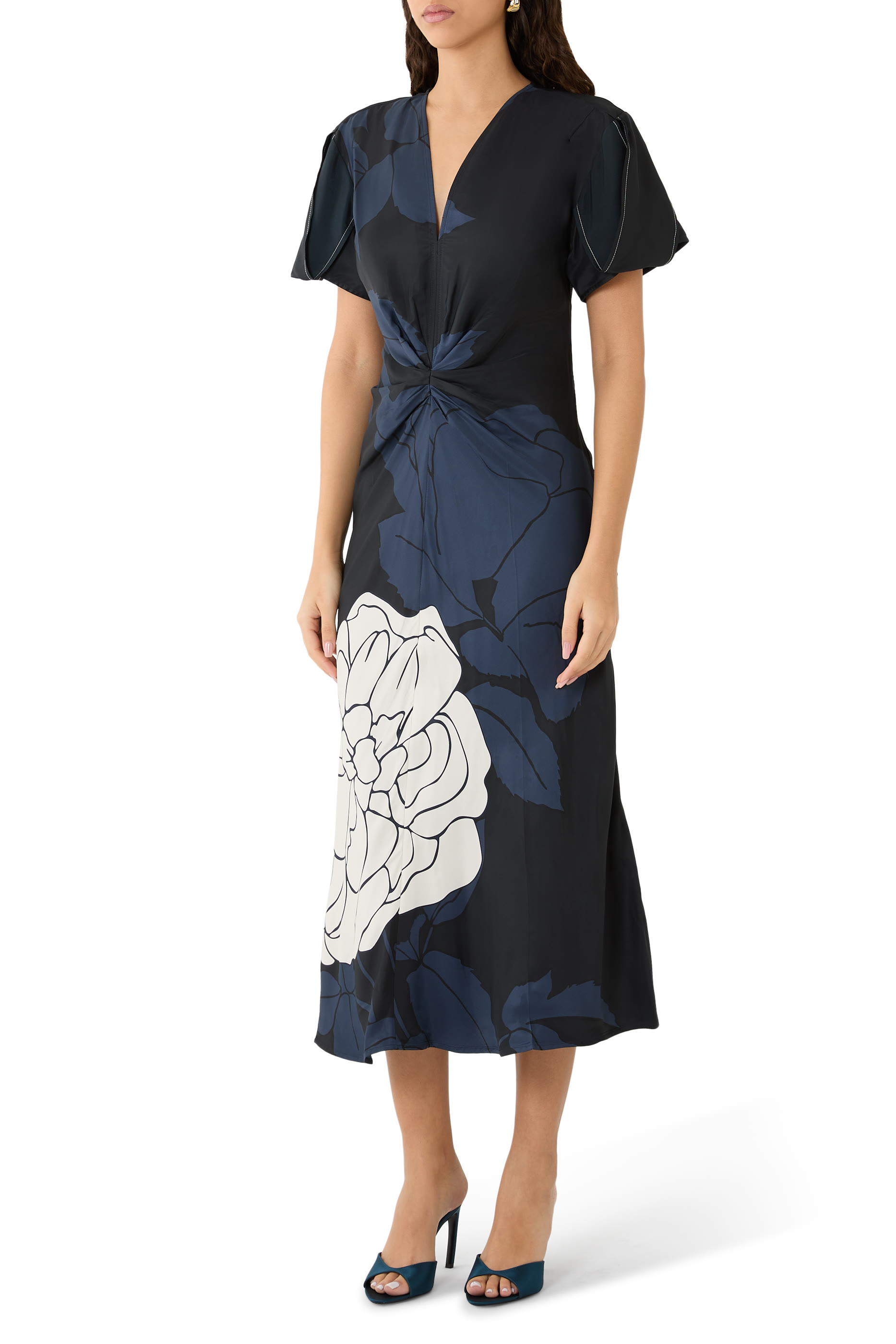 Gathered V-Neck Midi Dress