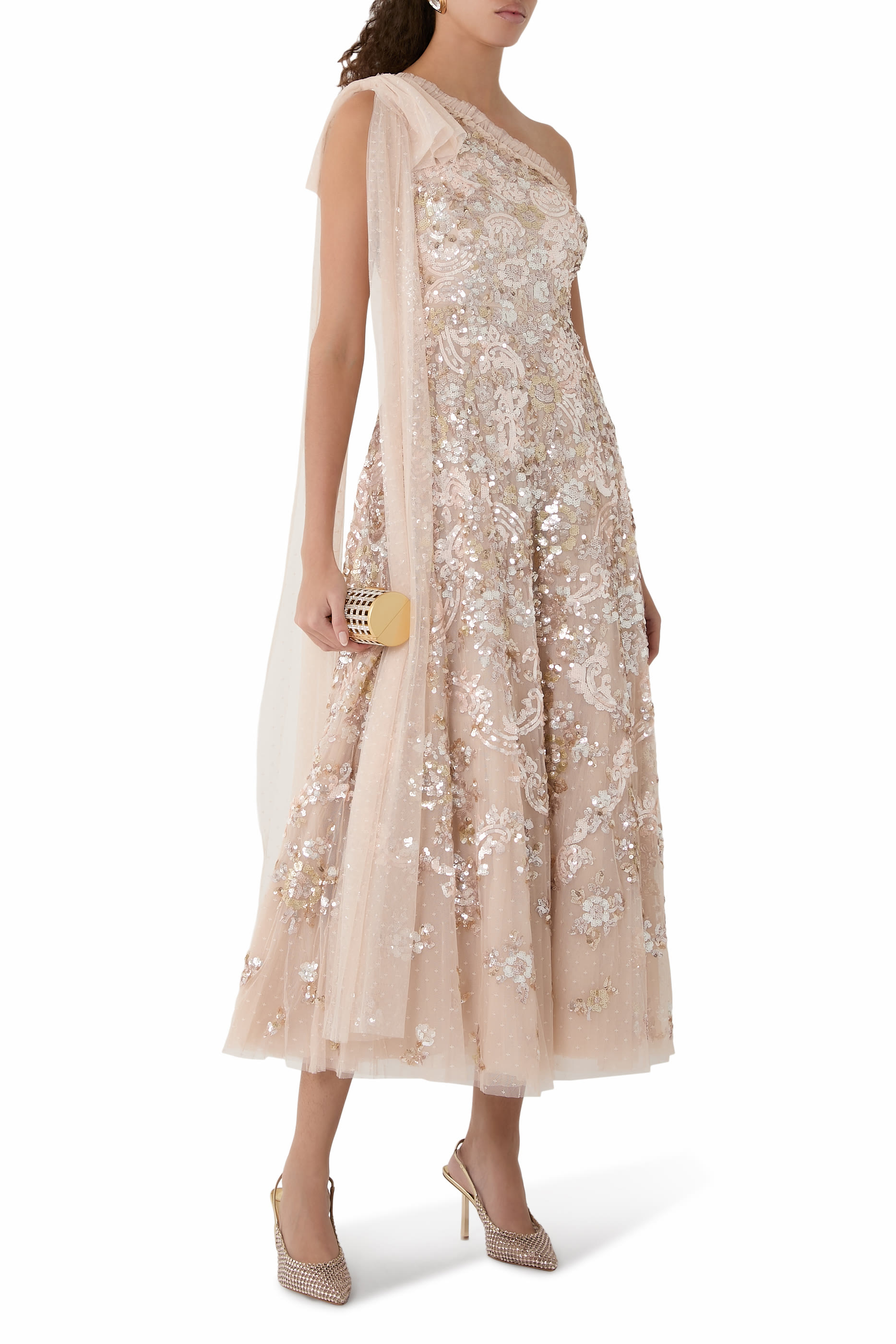 Baroque Floral One-Shoulder Bow Ankle Gown