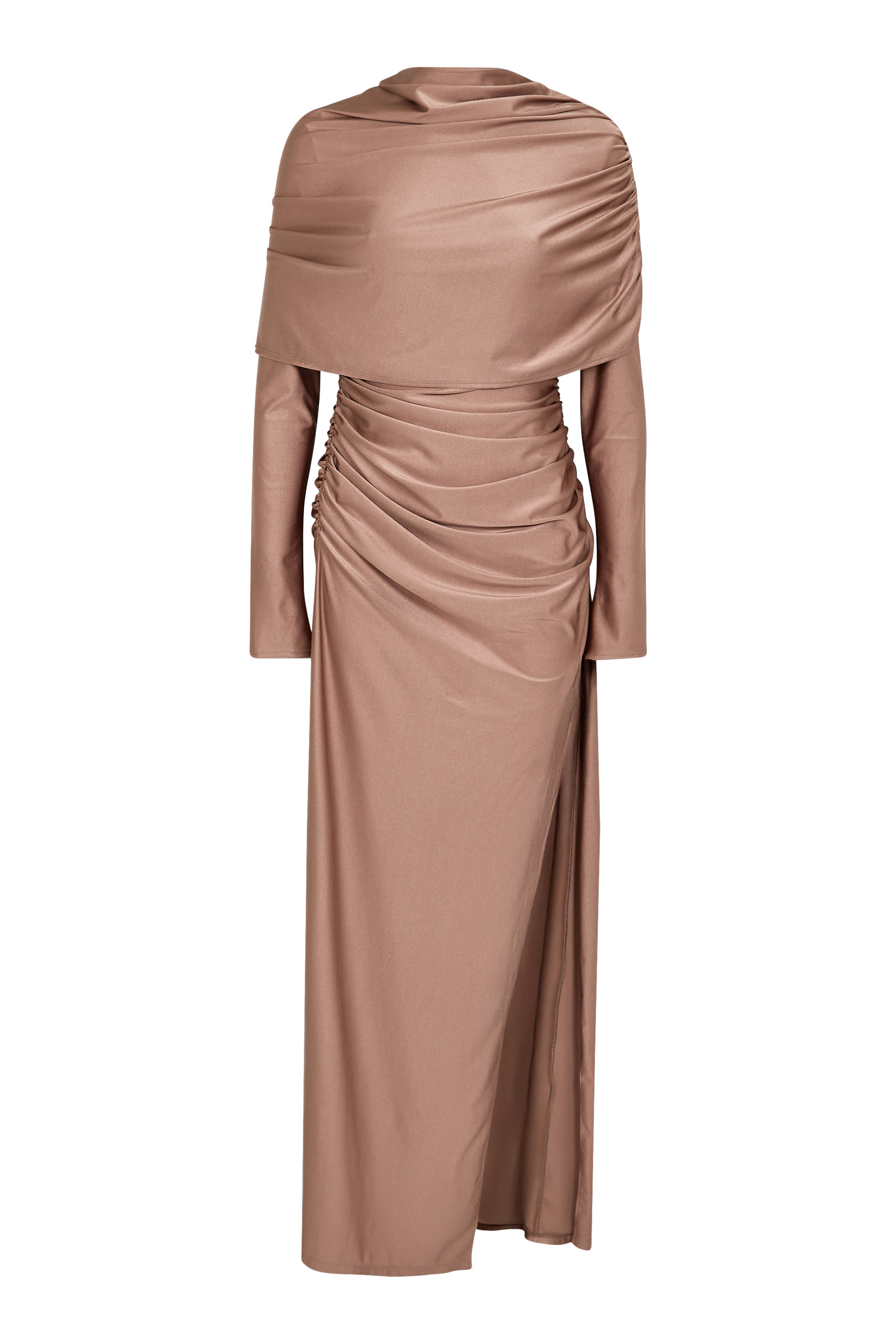 Shine Jersey Asymmetrical Ruched Draped Gown