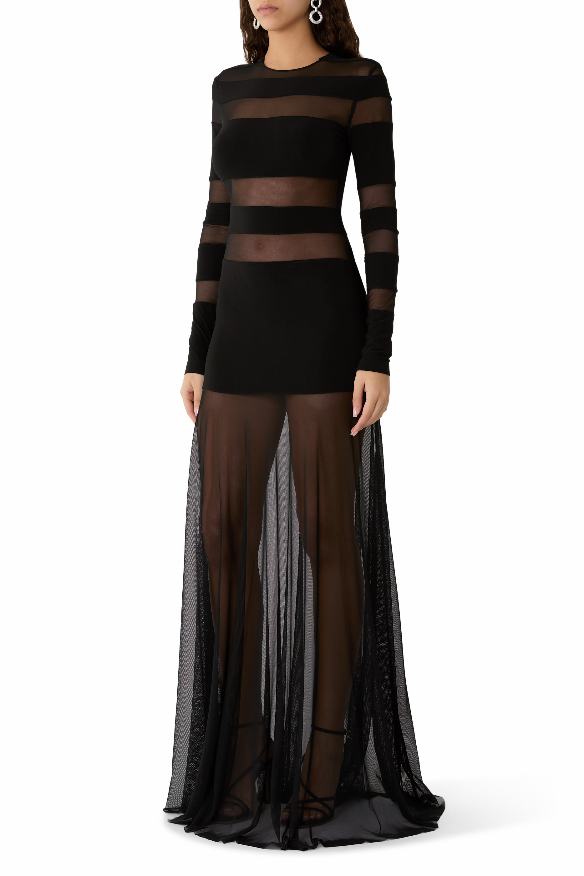  Spliced Long Sleeve Flared Gown with Mesh Skirt