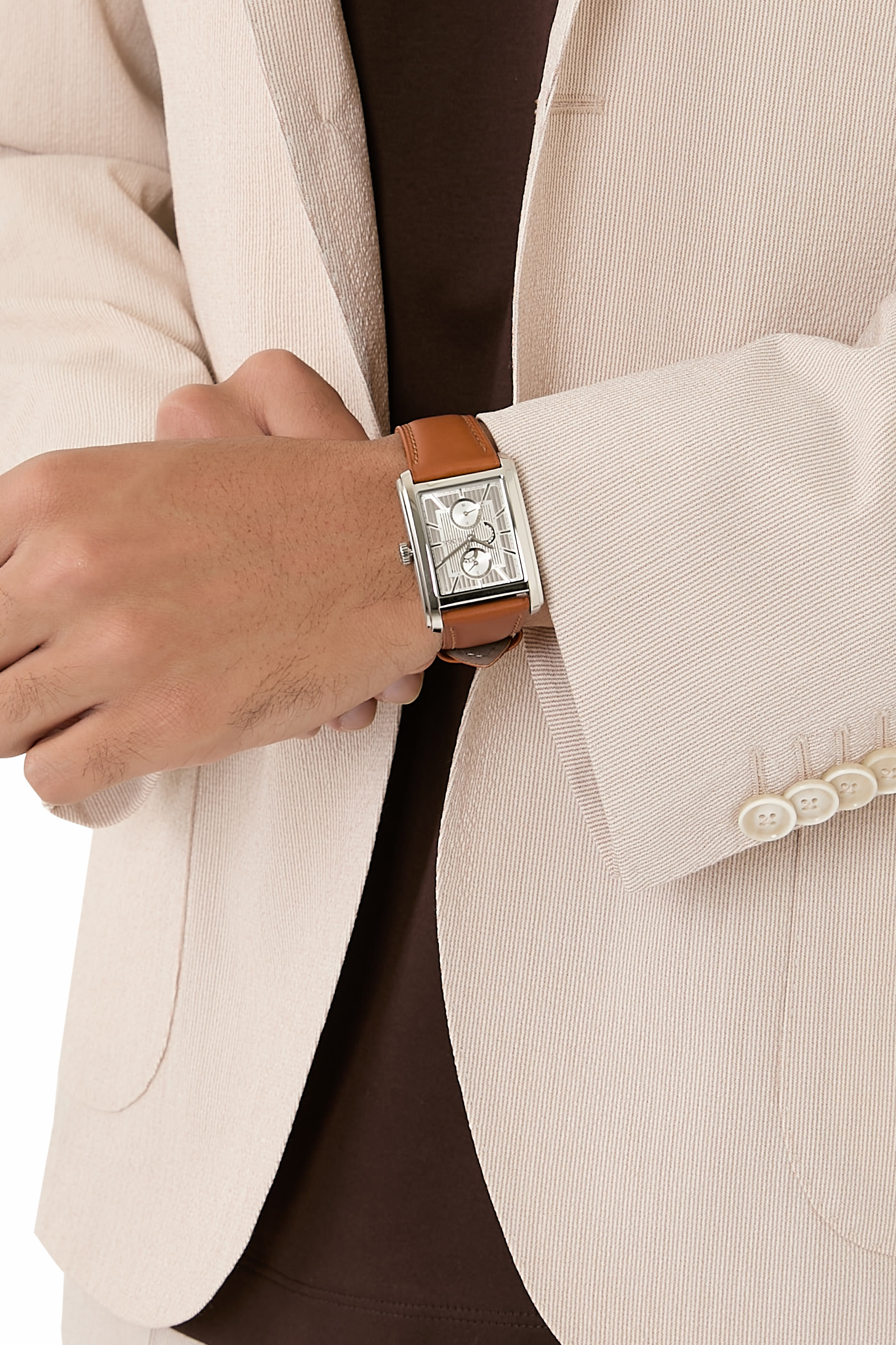 Silver-Tone Rectangular Watch with Textured Skeleton Dial