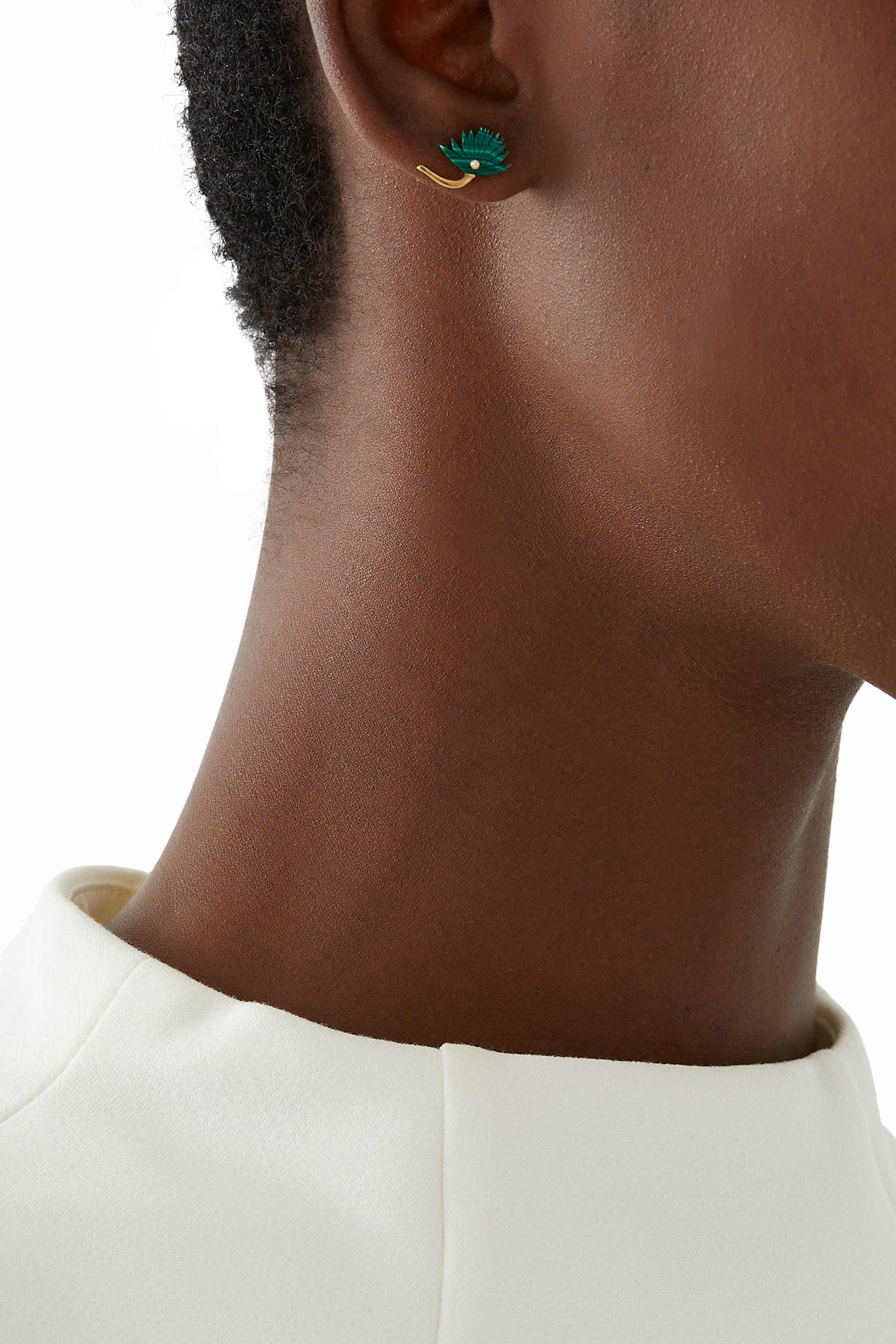 Small Malachite Flower Stud Earrings, 18k Gold & Diamond, Malachite