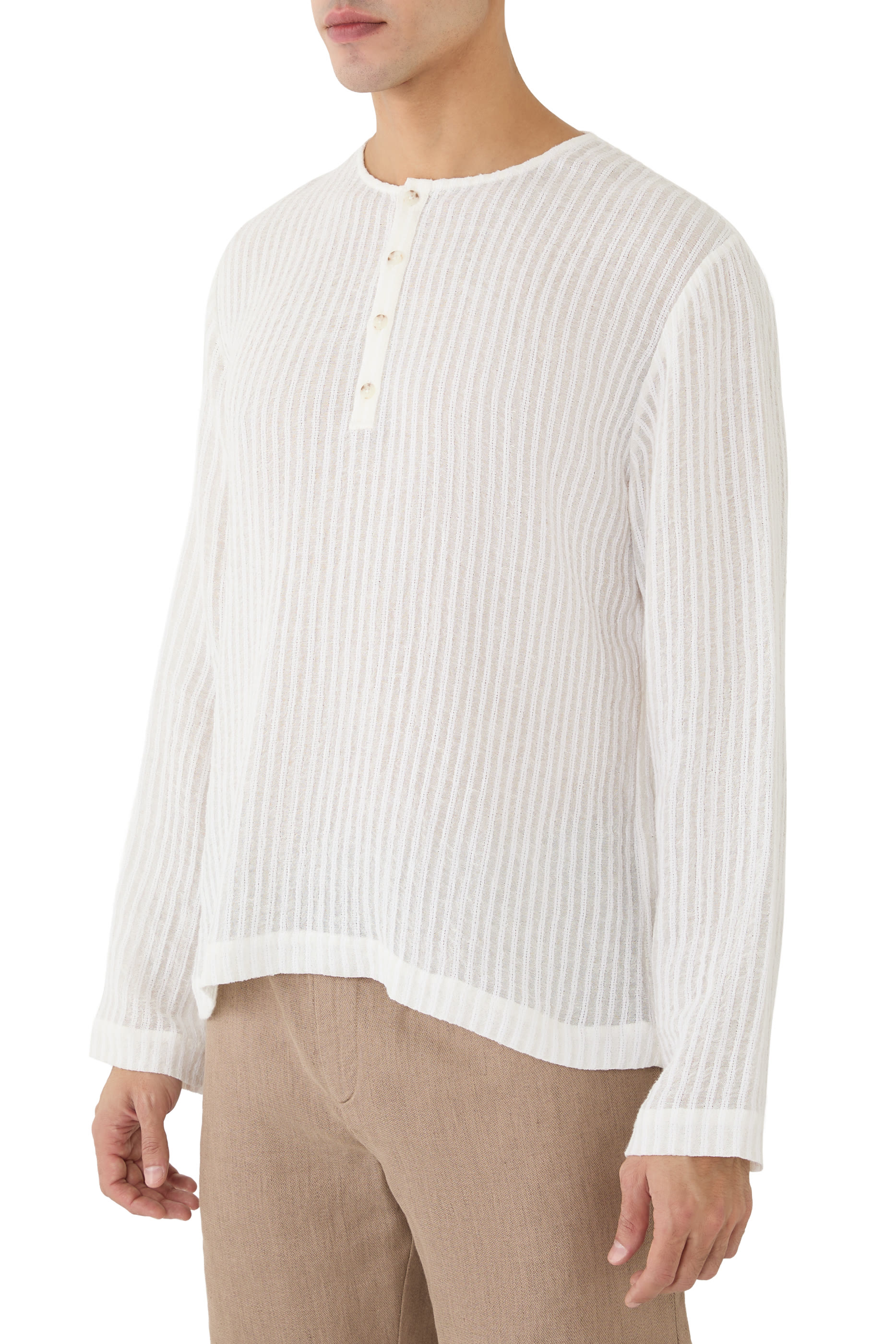 Sheer Stripe Linen Woven Henley