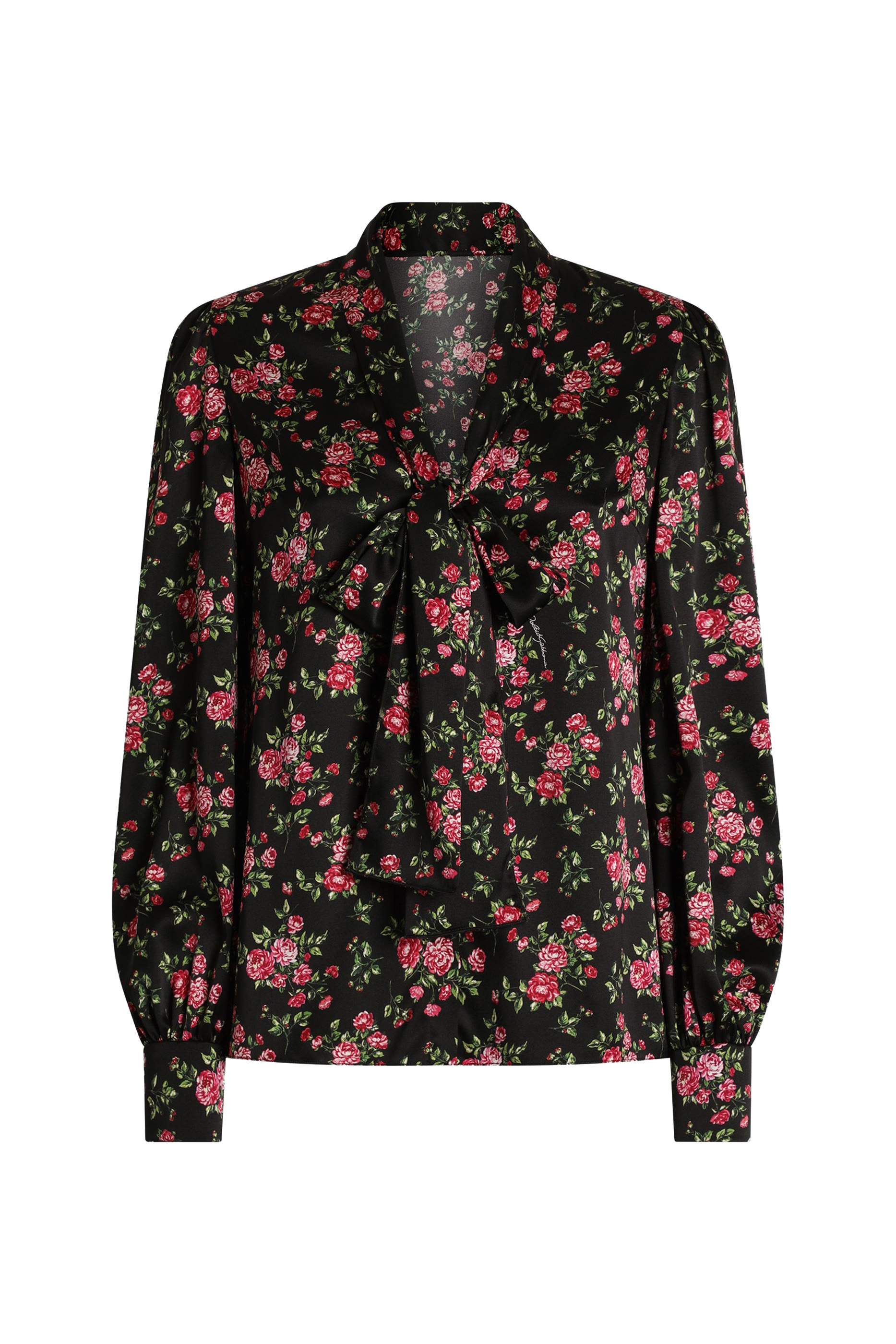 Small Rose Bouquet-Print Satin Shirt