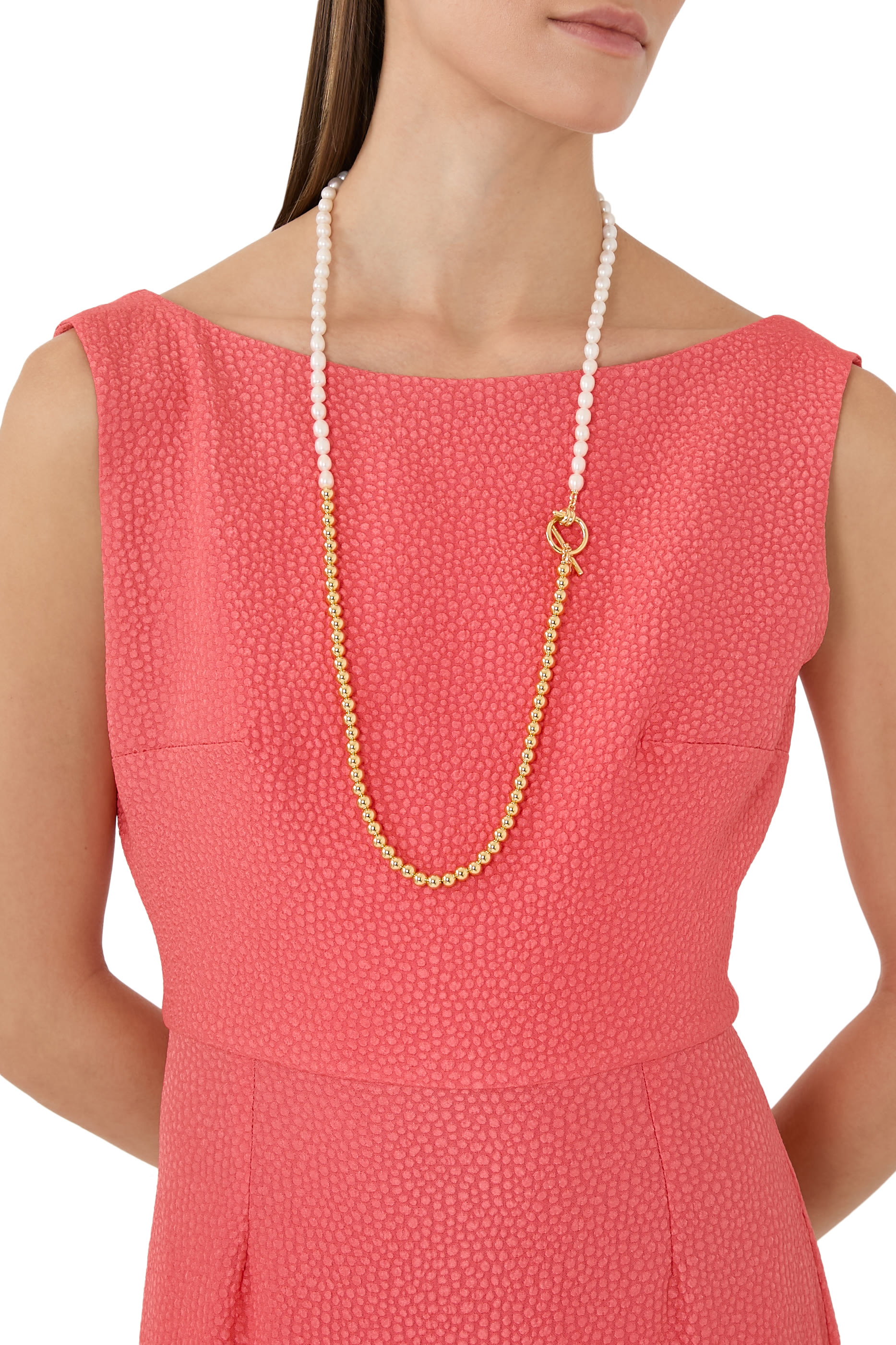 Two-Tone Long Necklace, Pearls & Metal