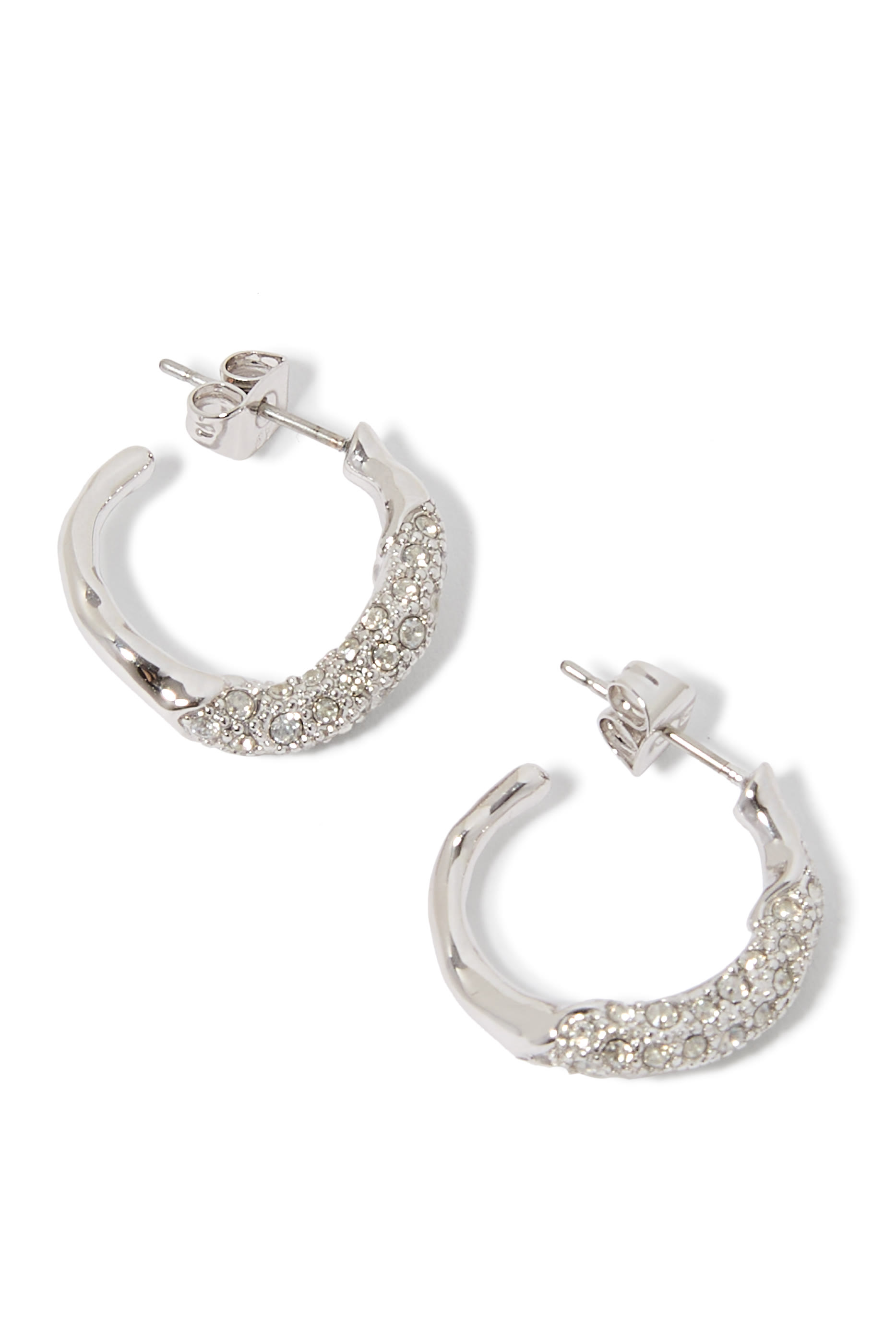 Solanales Crystal Twist Mini Hoop Earrings, Rhodium Tone Plated Brass & Crystals