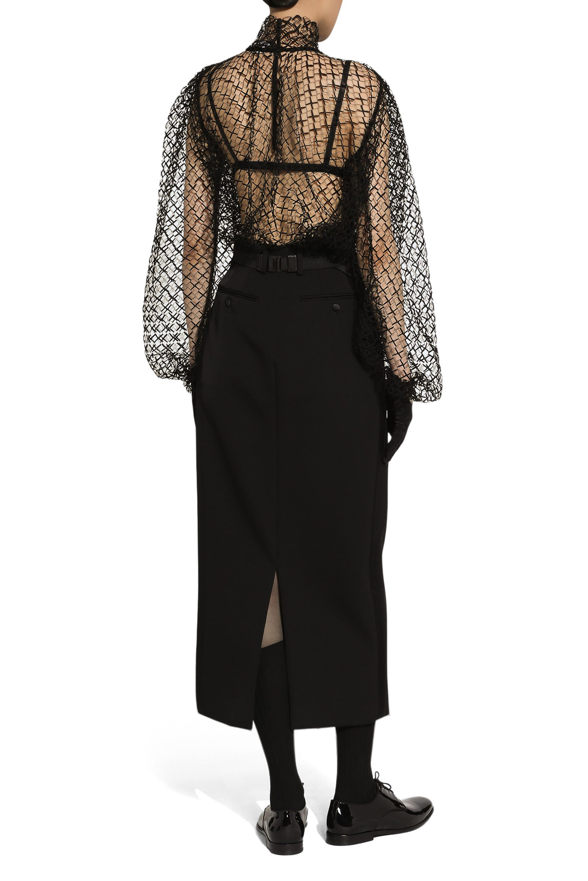 Wool Gabardine Calf-Length Tuxedo Pencil Skirt