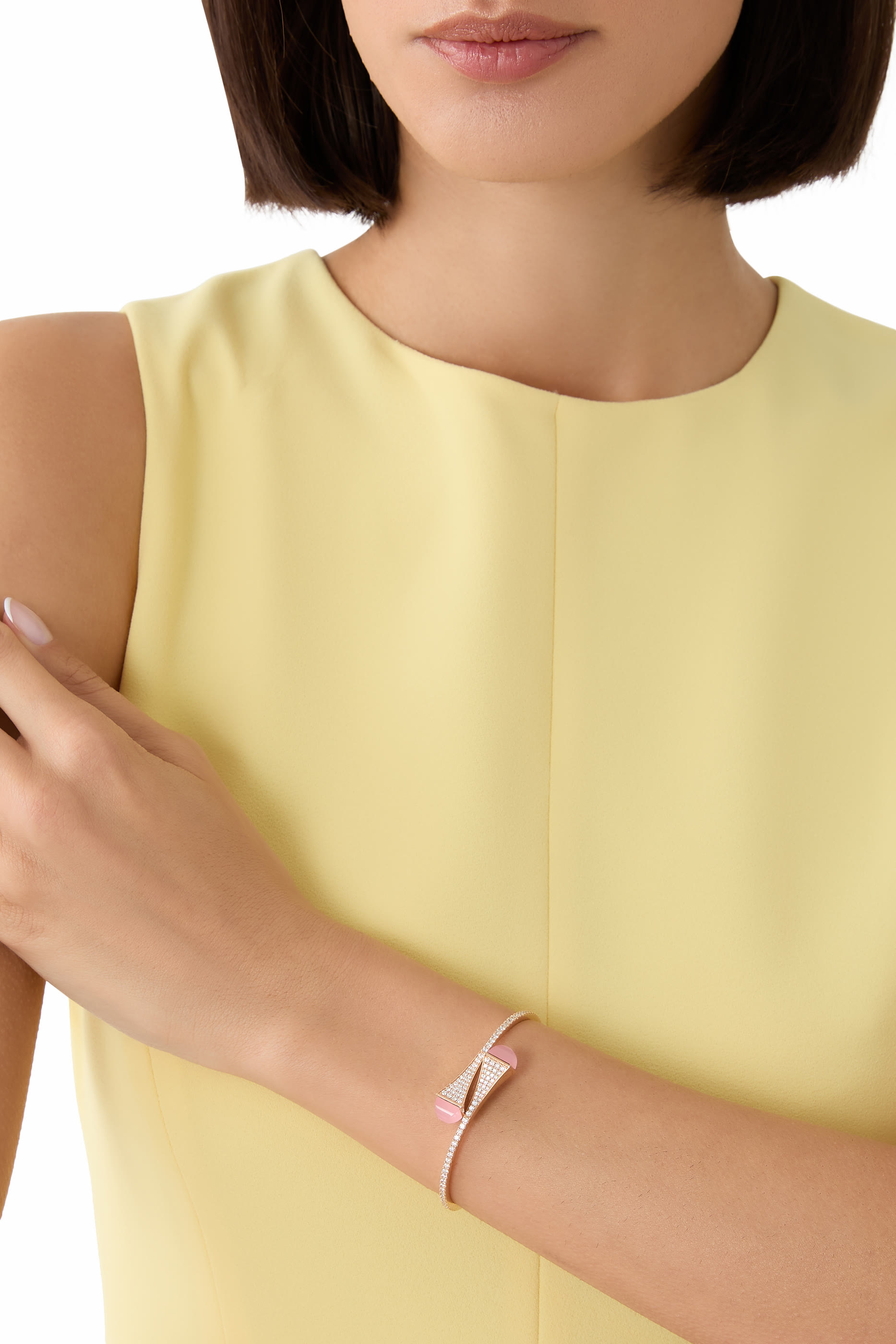 Cleo Midi Slip-On Bracelet, 18k Yellow Gold with Diamonds & Pink Quartz Agate