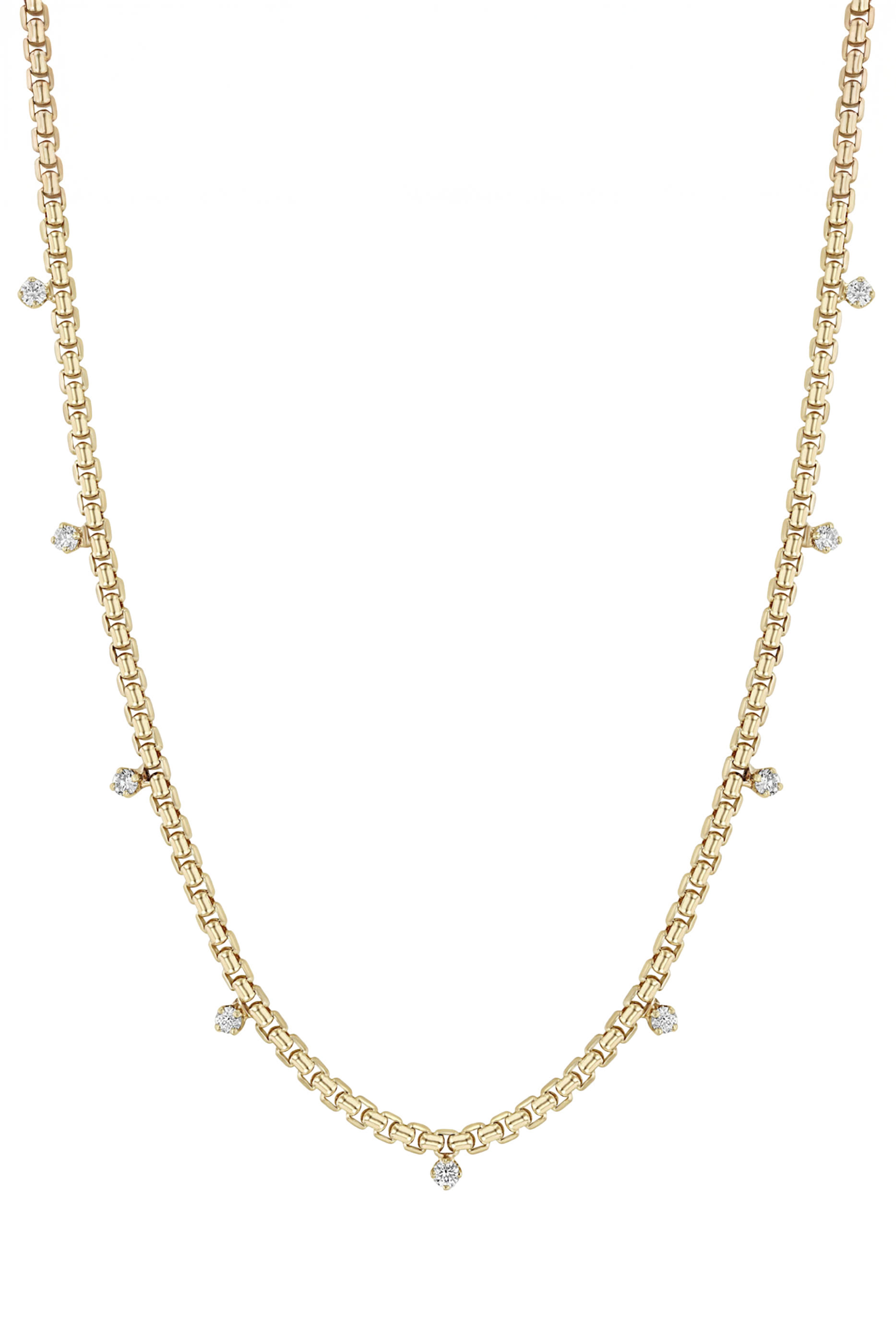  9 Prong Diamond Medium Box Chain Necklace, 14K Yellow Gold