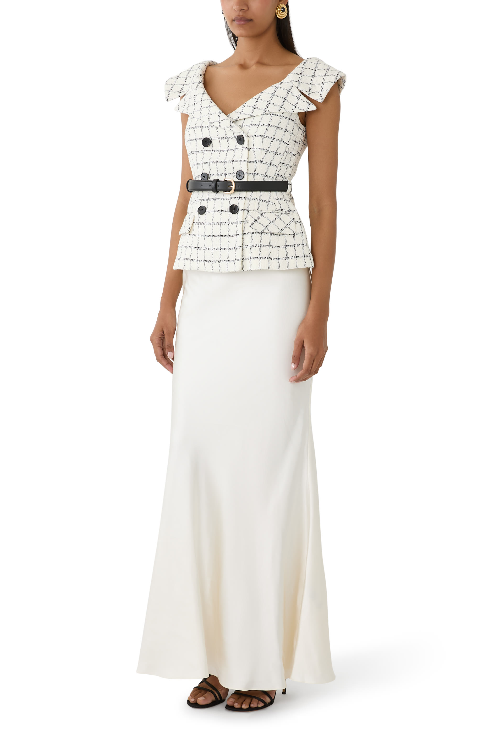 Check Boucl&eacute; Satin Maxi Dress