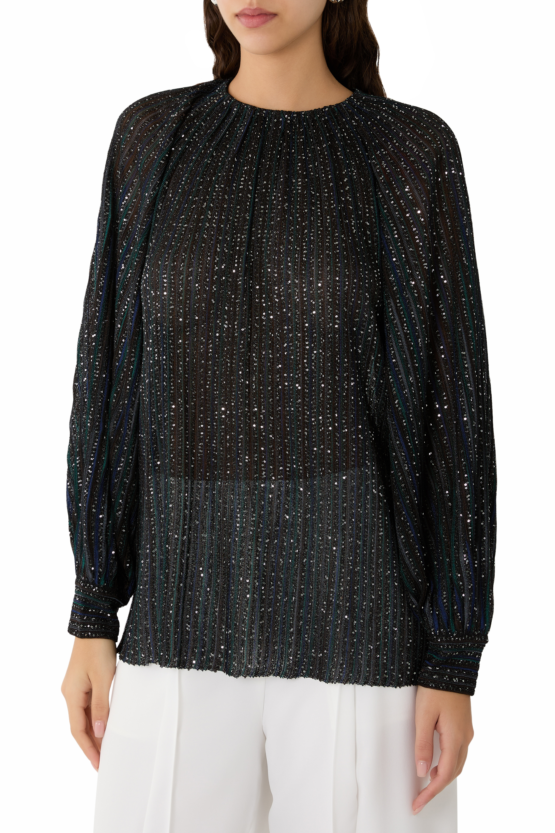 Flared Crew Neck Sweater with Lam&eacute; Stripes