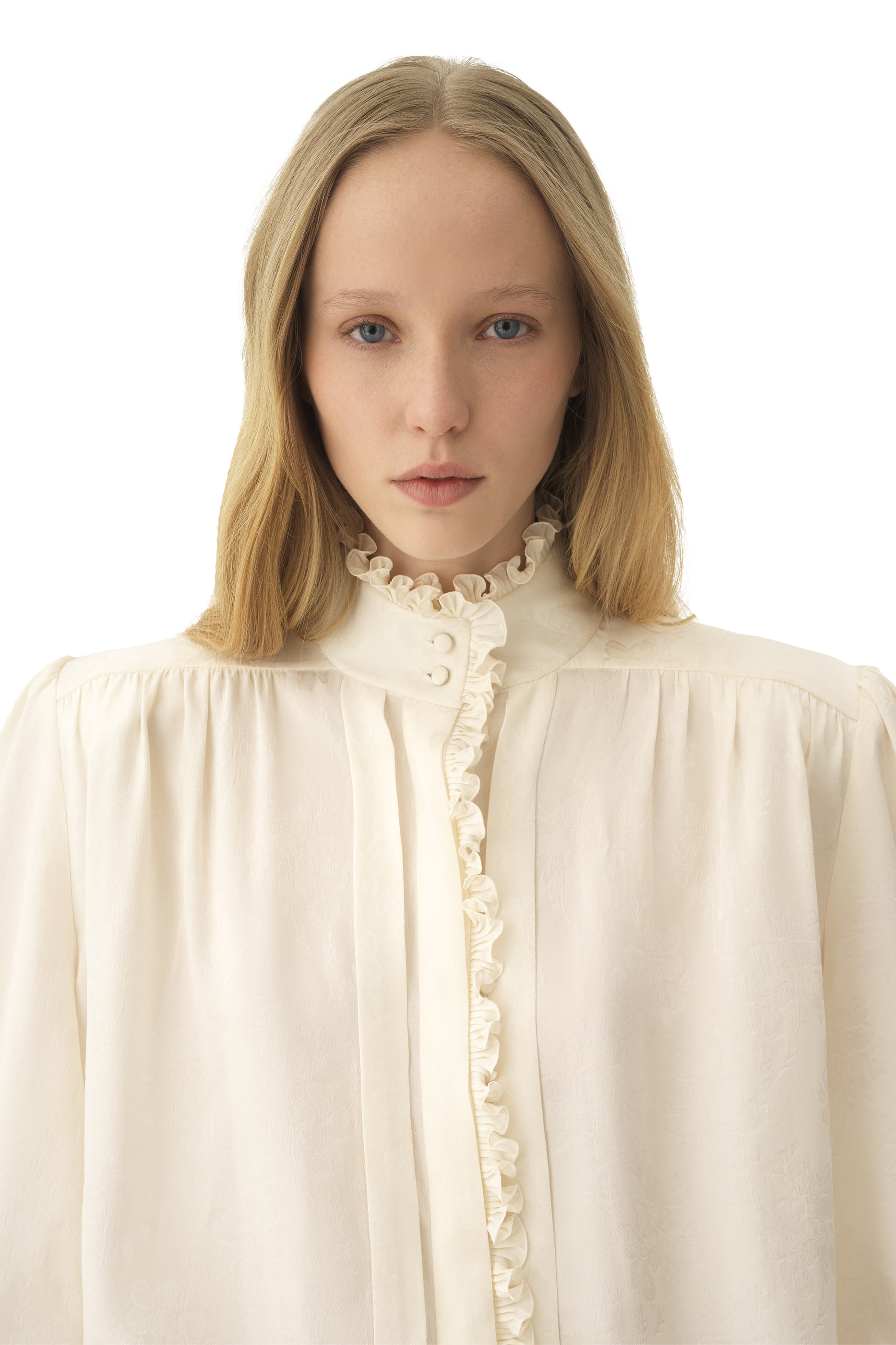 Oversized Ruffled Blouse in Silk Jacquard