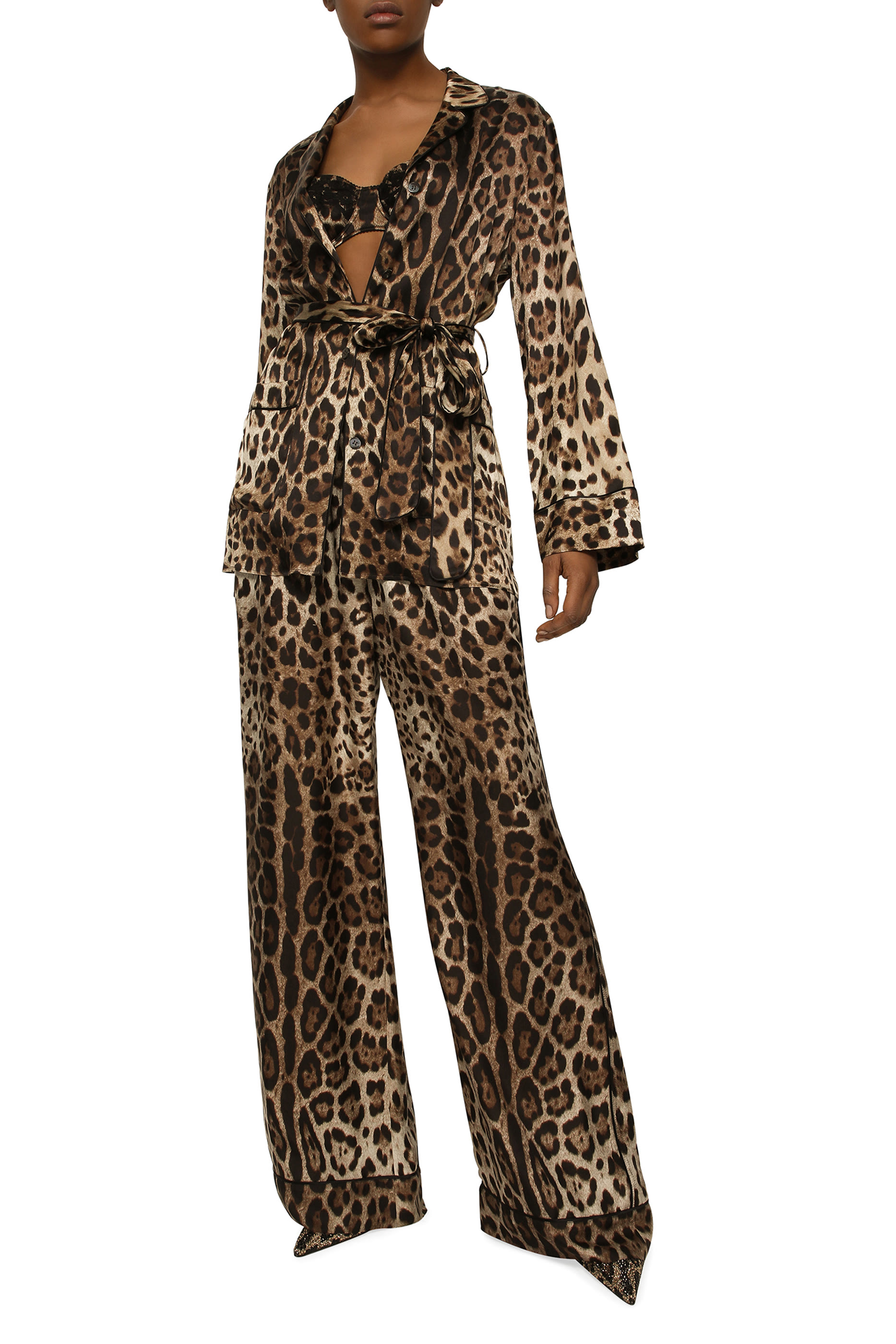  Leopard-Print Satin Pajama Shirt 