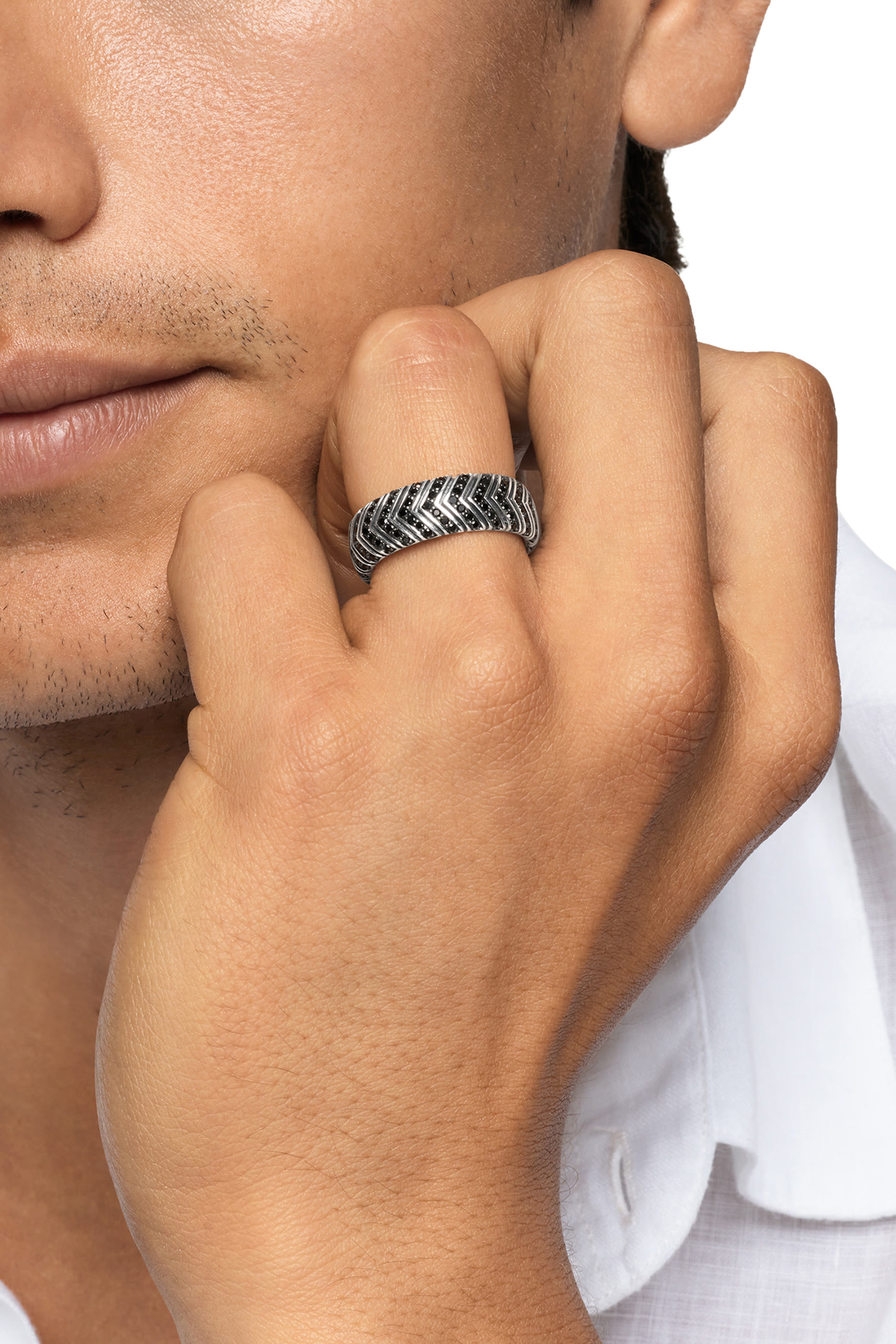 Chevron Band Ring, Sterling Silver & Pav&eacute;-Set Black Diamonds