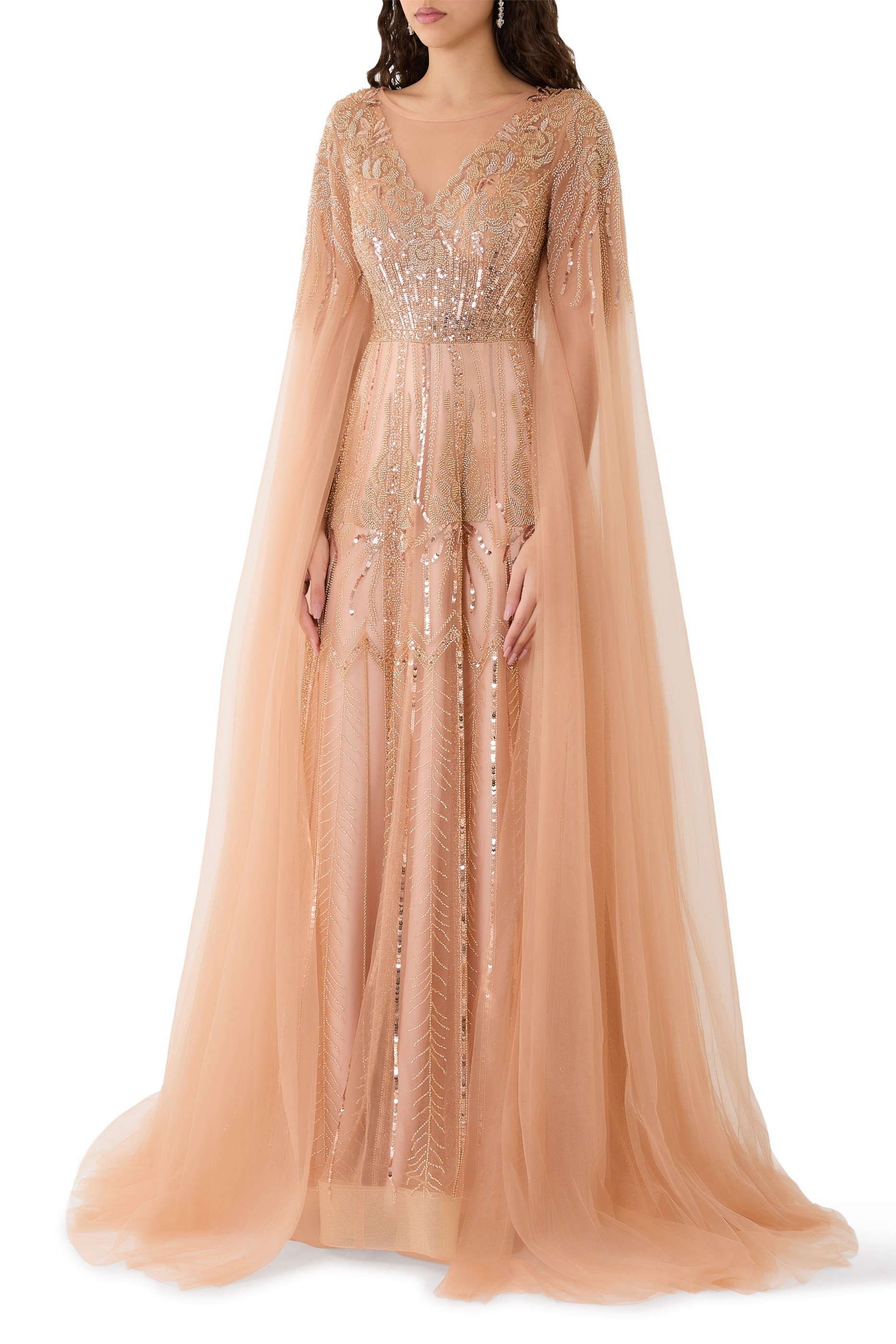 Cape-Sleeve Embellished Tulle Gown
