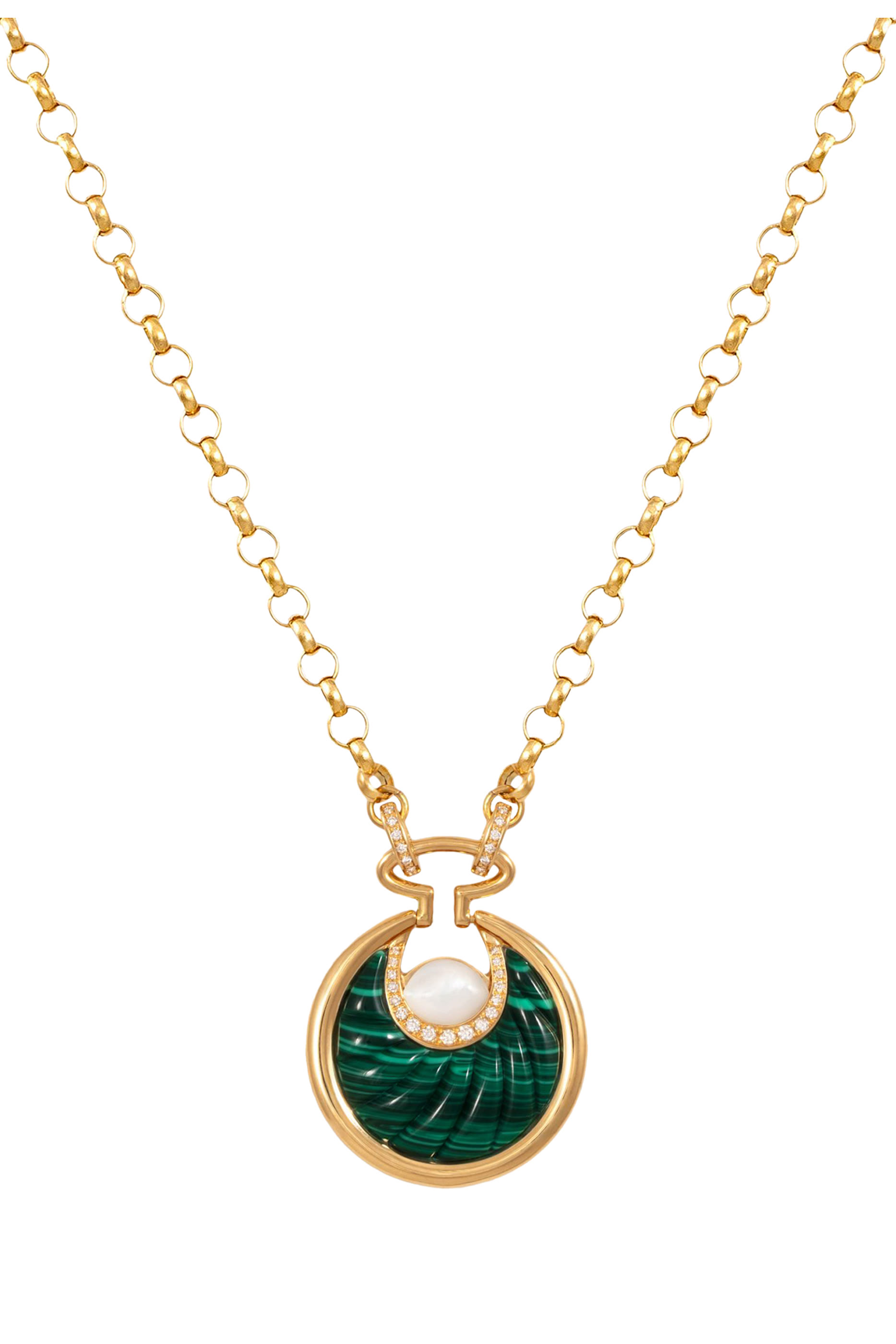 Circus Moon Necklace, 18K Yellow Gold with Diamonds, Mother of Pearl & Malachite