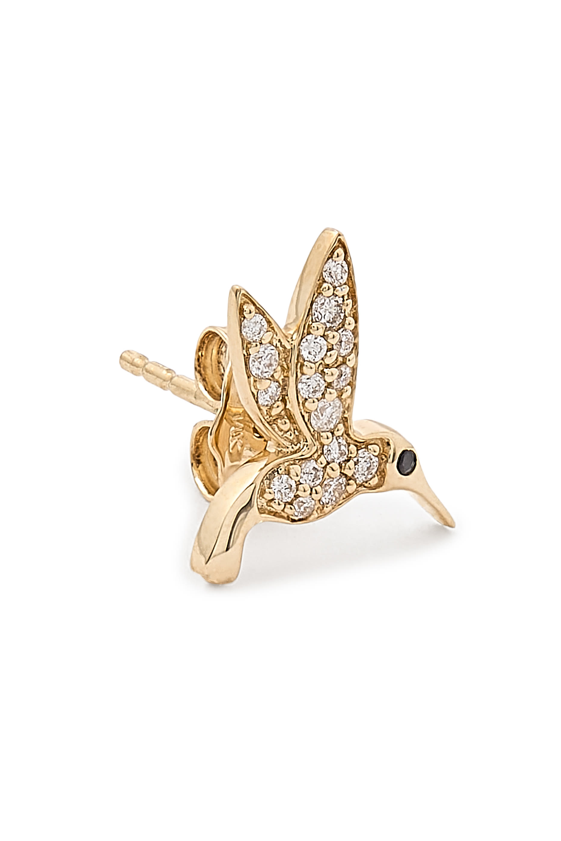 Small Hummingbird Stud Earrings, 14k Yellow Gold & Diamonds
