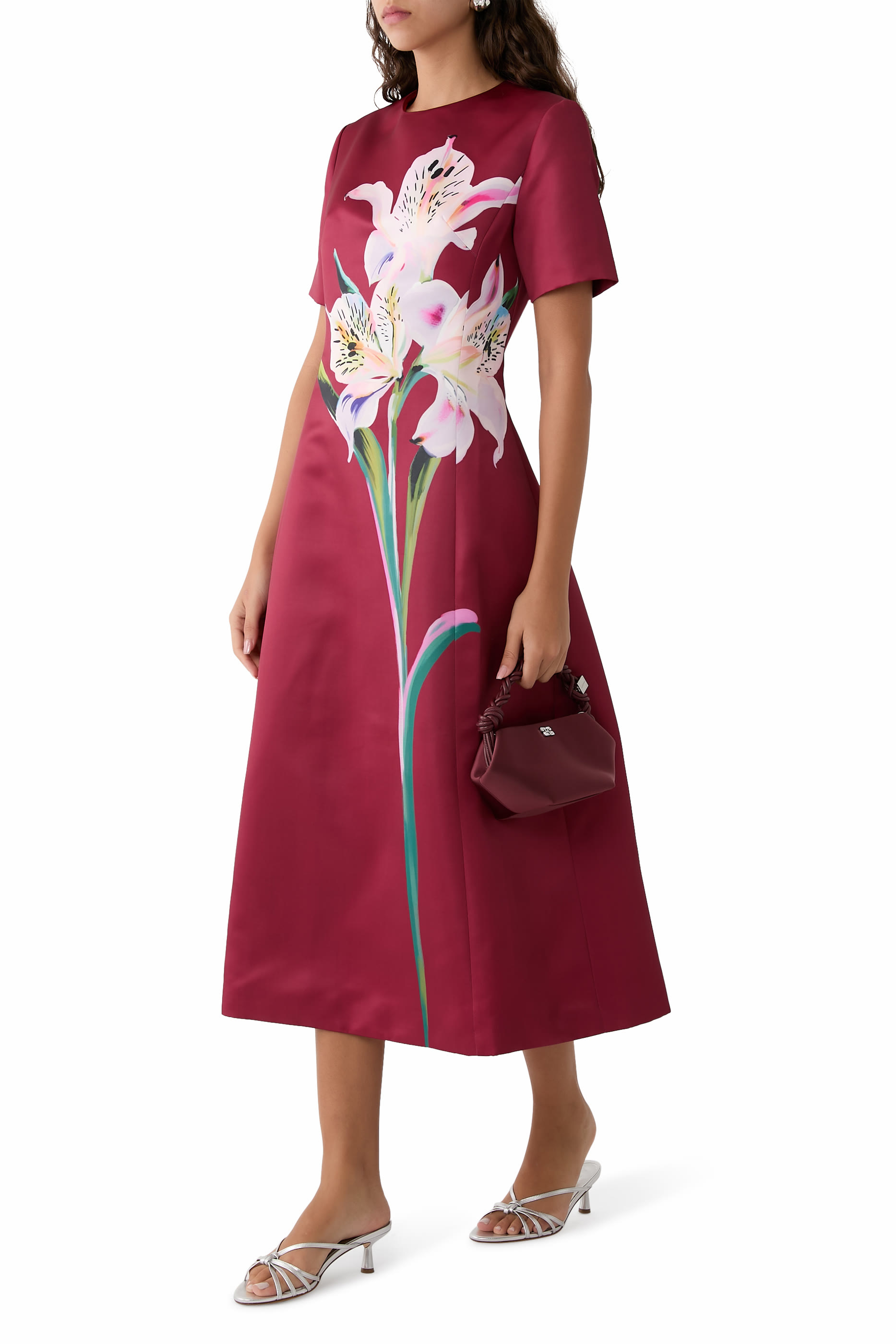Caroline Short Sleeve Midi Dress - Lily Print in Burgundy