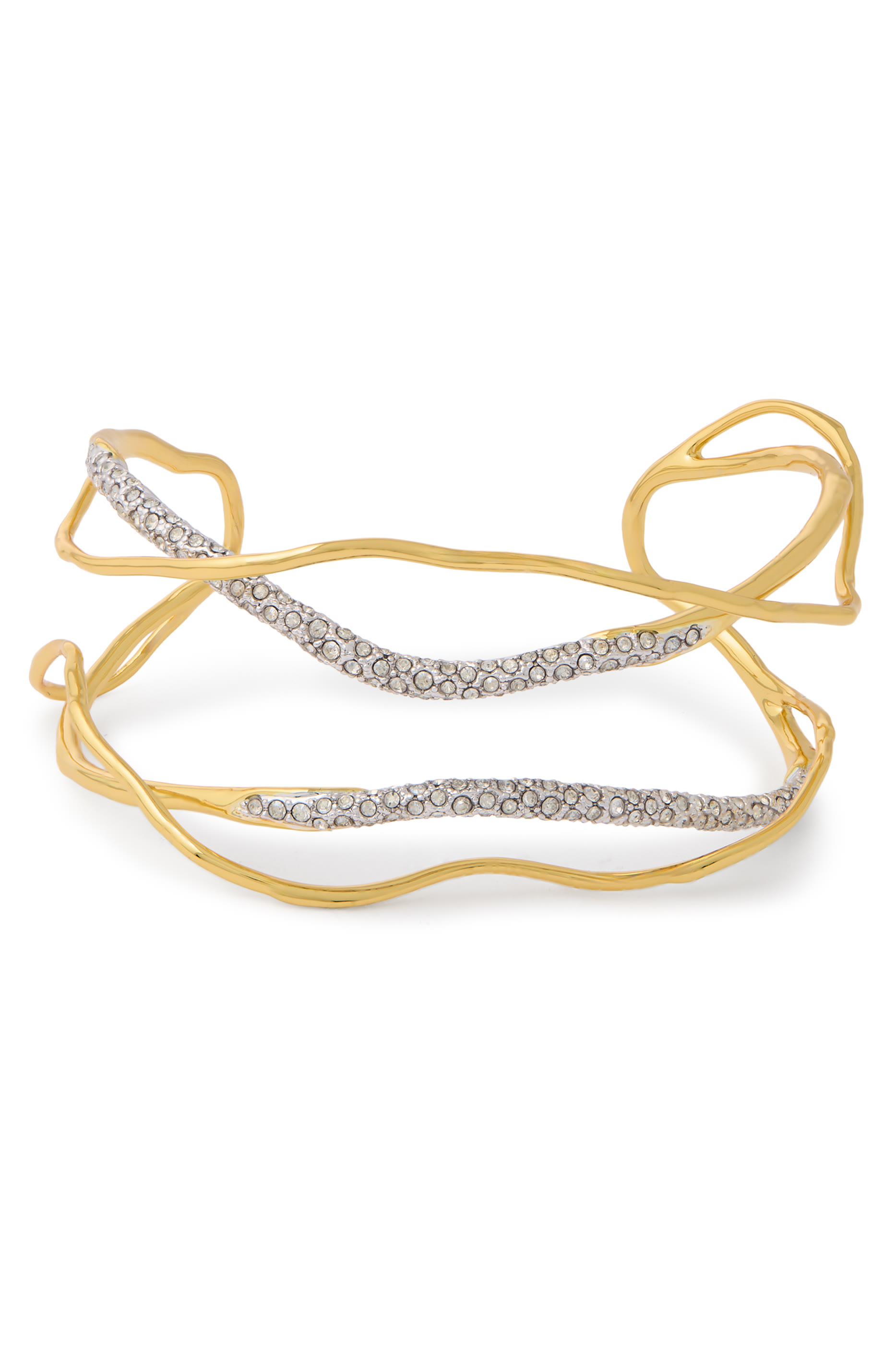 Solanales Crystal Cuff Bracelet, 14k Gold Plated Brass with Rhodium Tone Plated Brass & Crystal