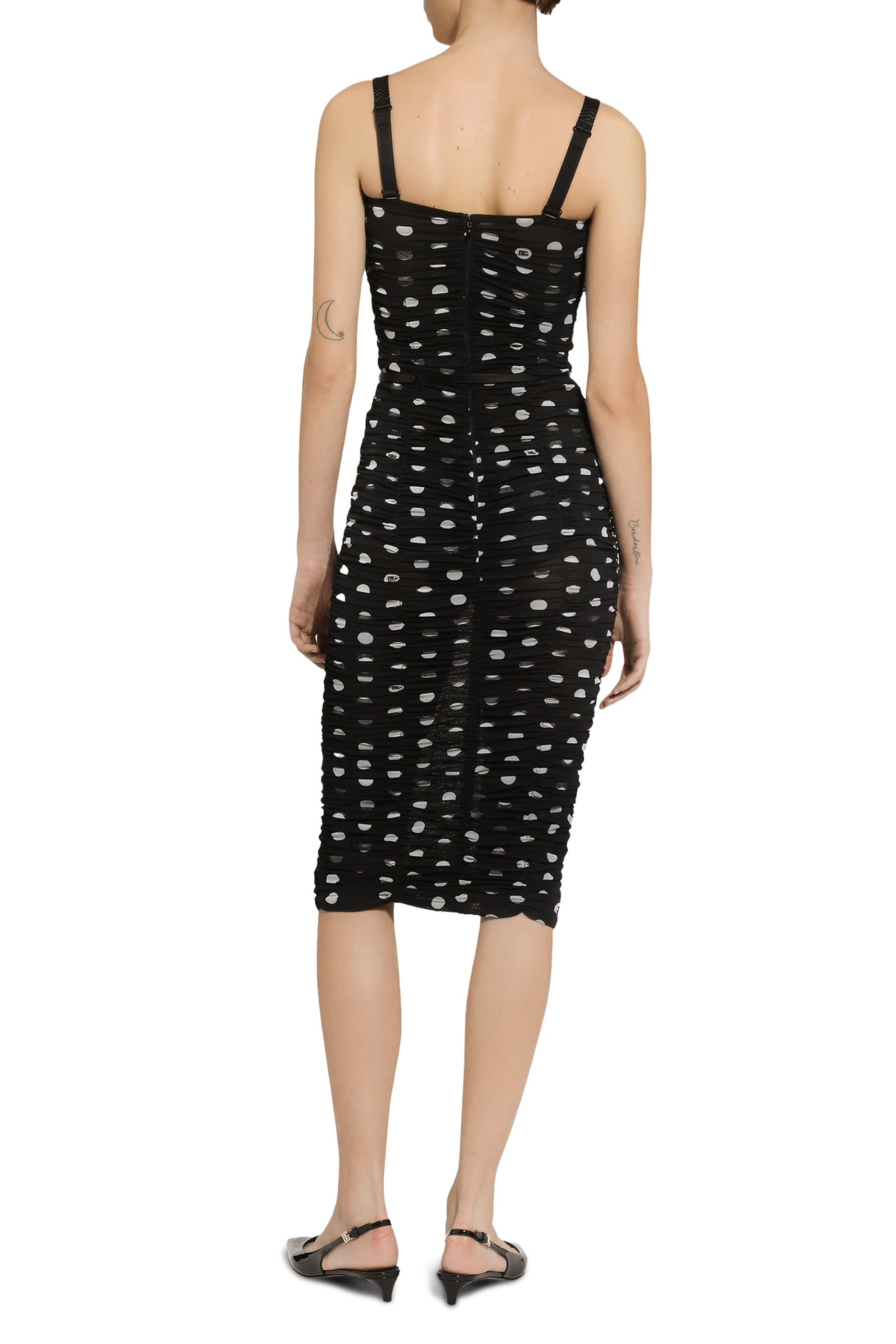 Tulle Calf-Length Sheath Dress with Draping and Polka-Dot Print