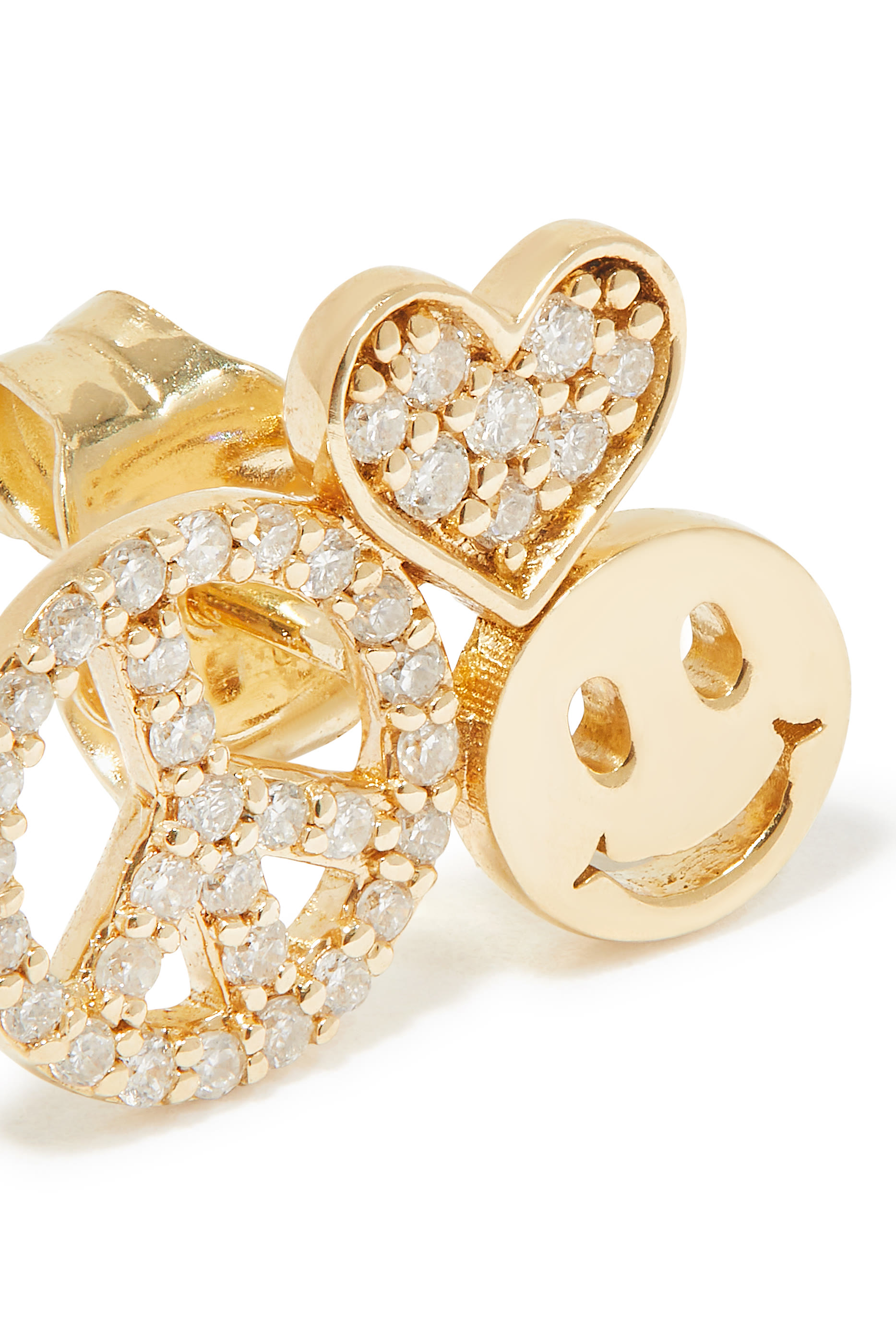 Peace, Love & Happiness Single Stud Earring, 14k Yellow Gold & Diamonds