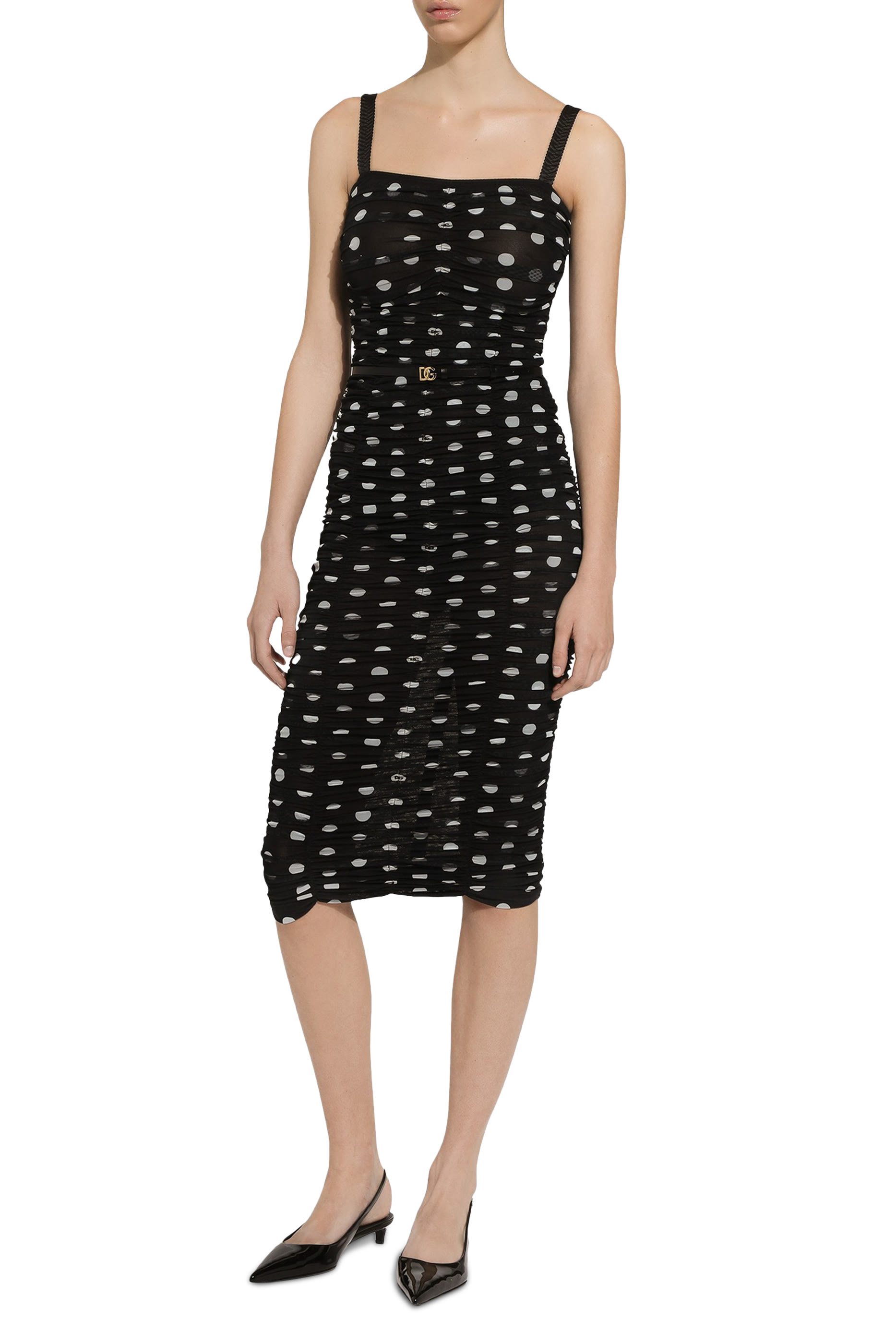 Tulle Calf-Length Sheath Dress with Draping and Polka-Dot Print