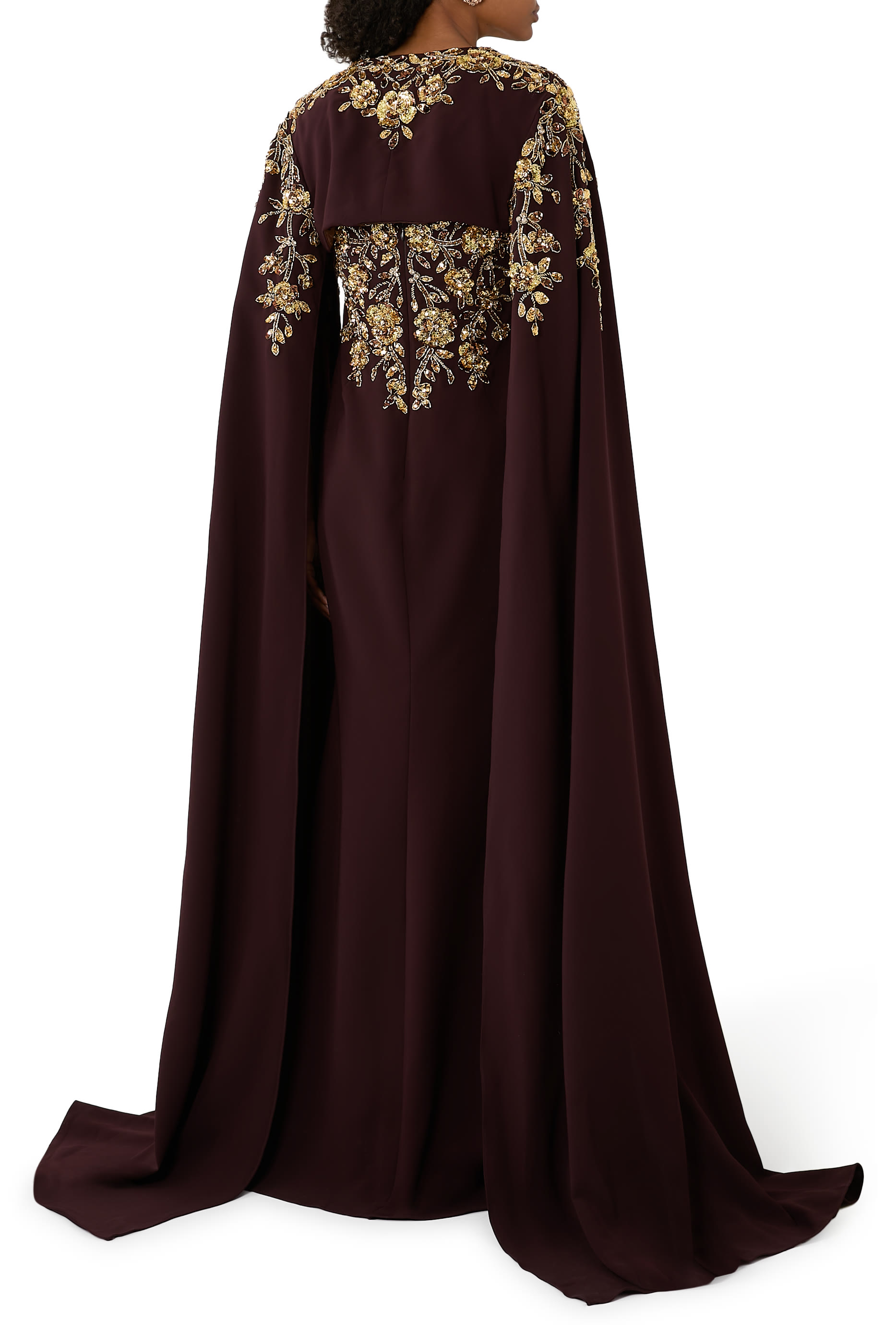 Embroidered Column Gown with Cape Sleeves