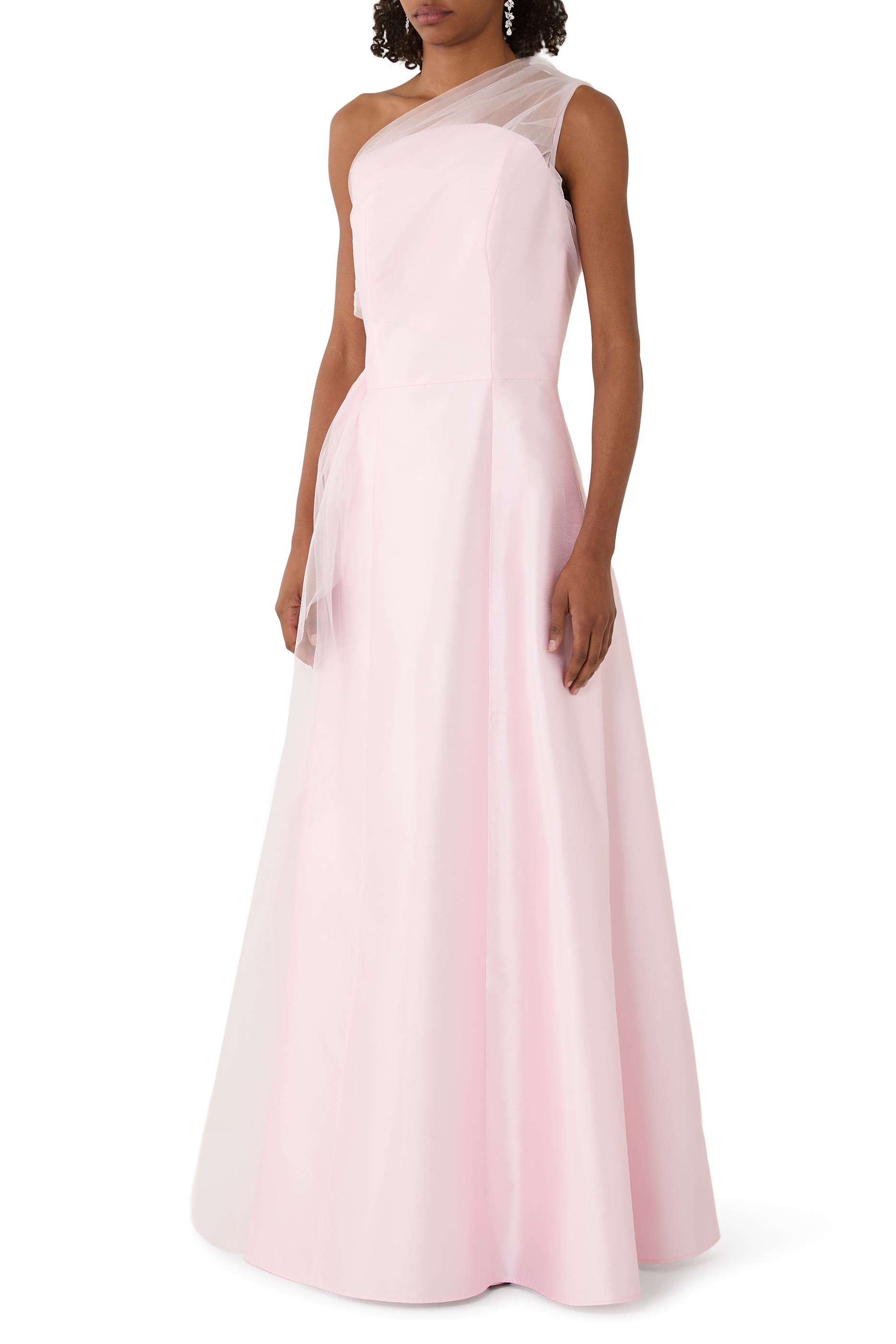  Sleeveless Mikado Gown with Tulle Side Drape