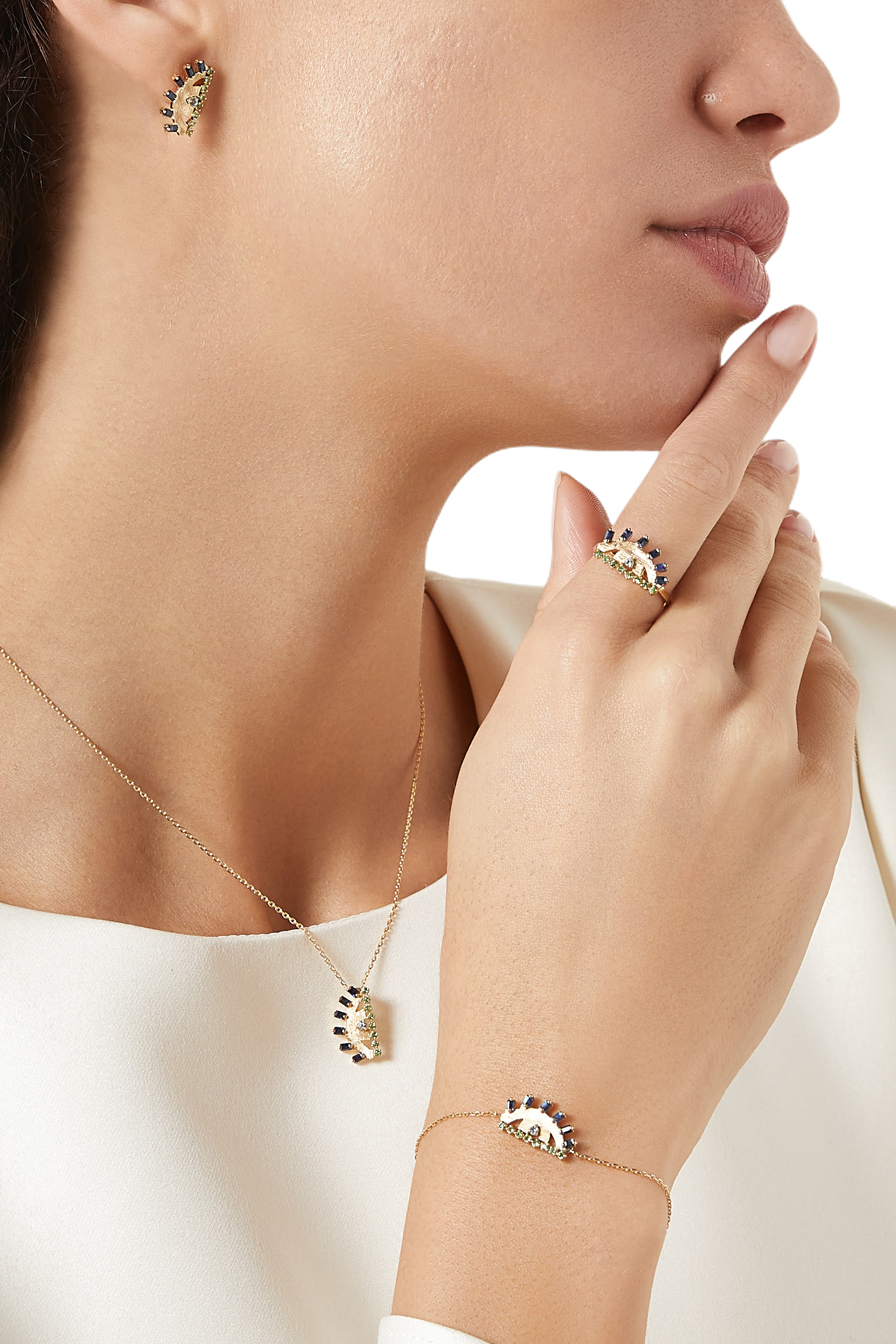 Ya Ein Necklace, 18k Yellow Gold with Topaz, Emerald & Sapphire