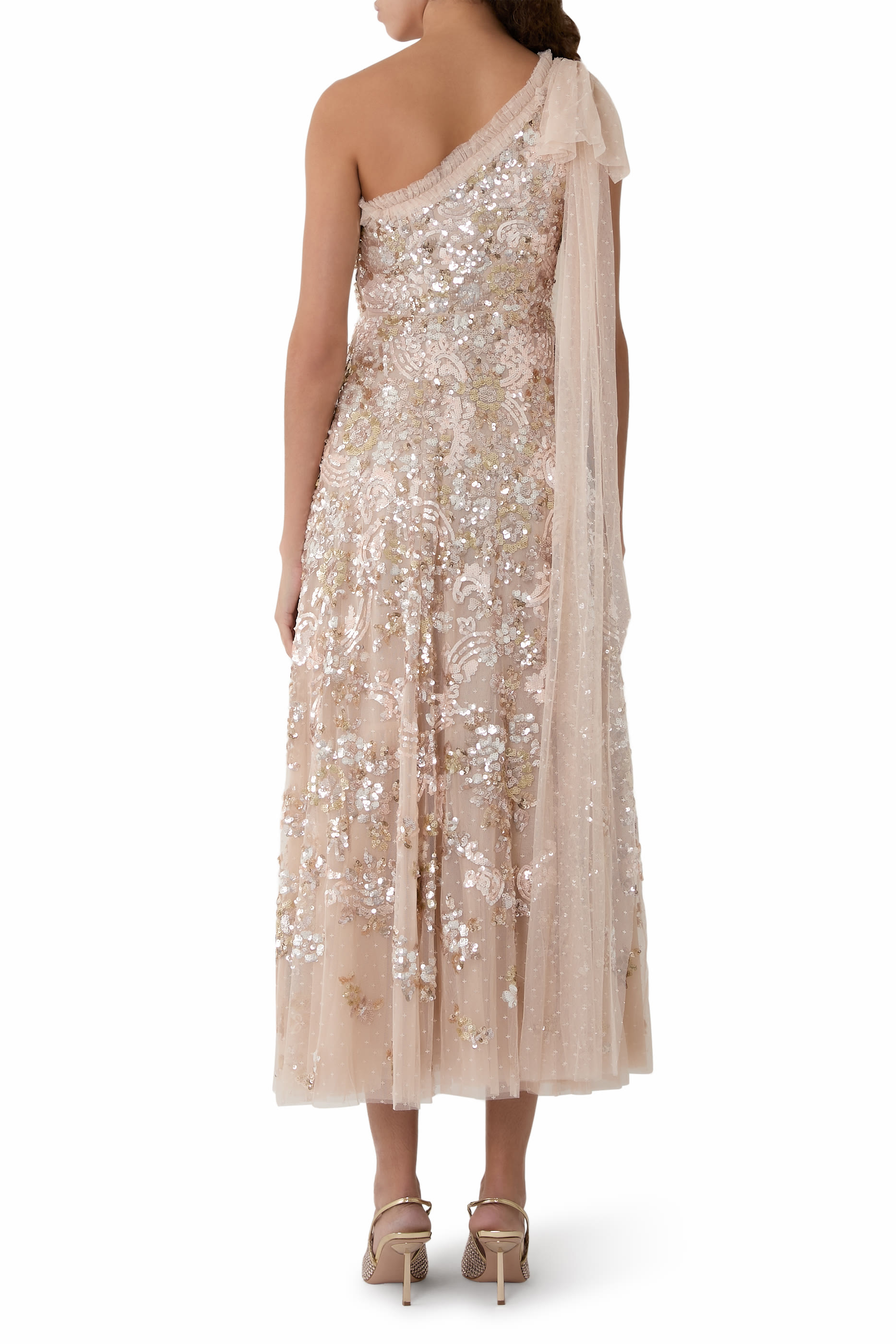 Baroque Floral One-Shoulder Bow Ankle Gown