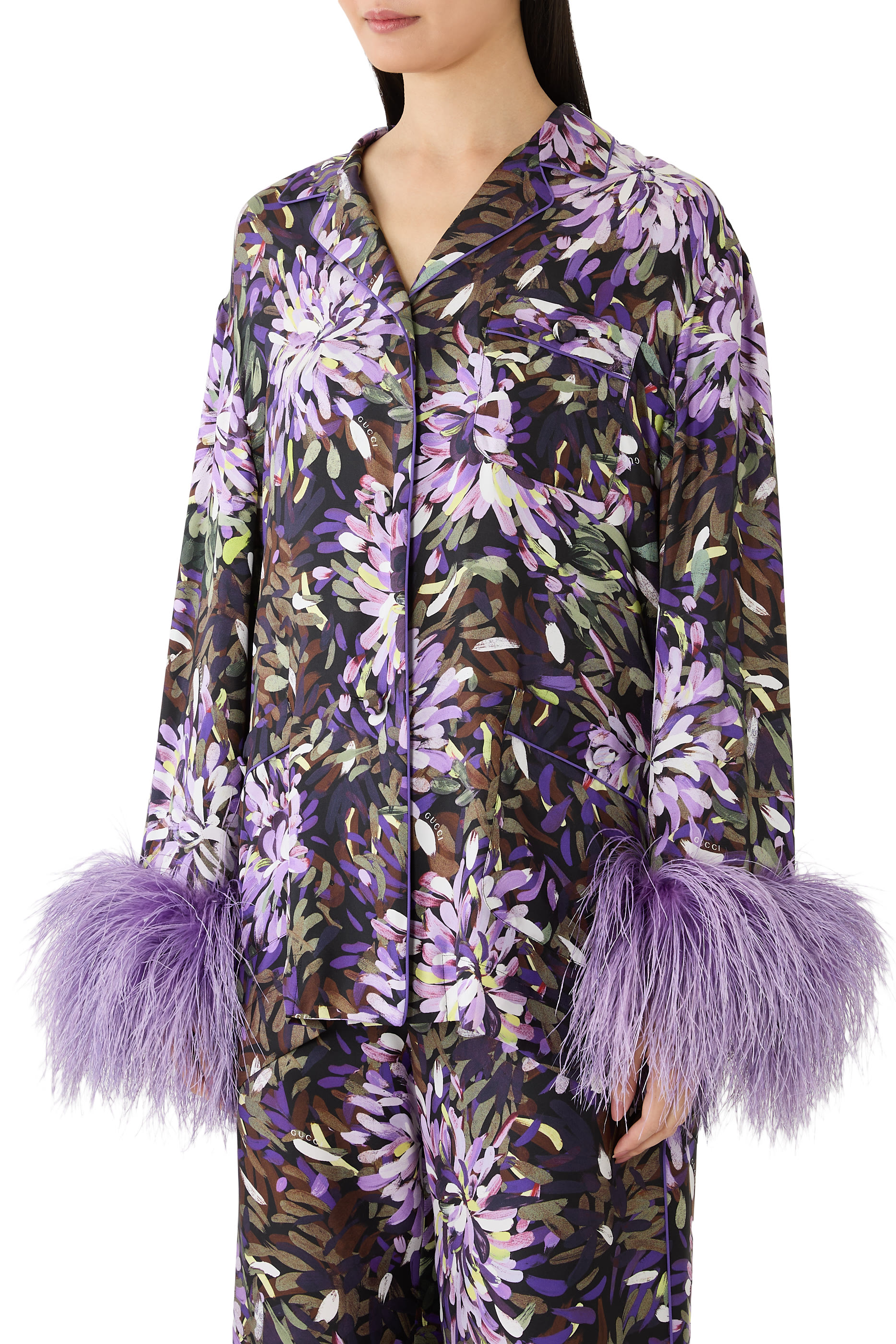  Printed Shirt with Feather Cuffs 