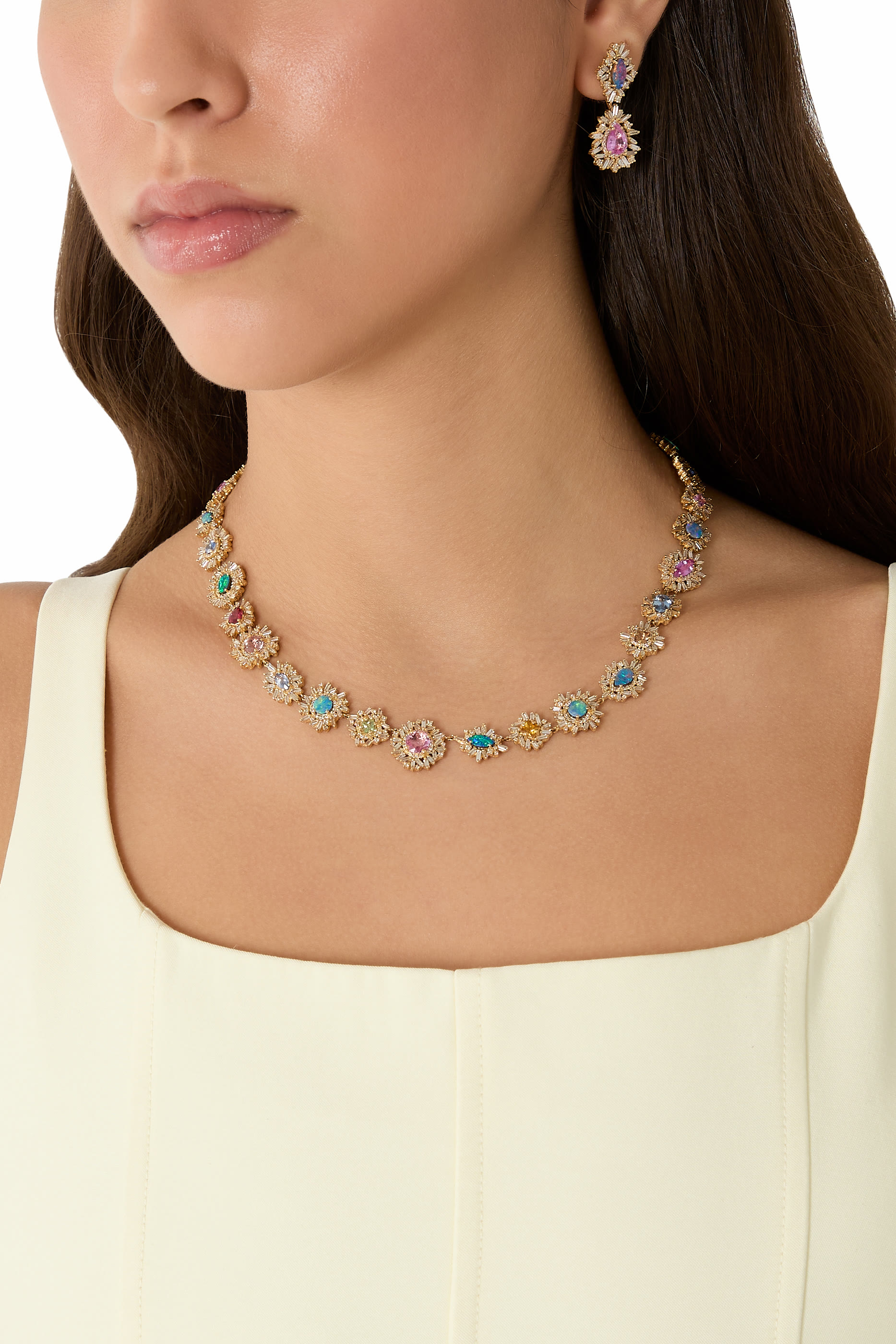 One-of-a-Kind Pastel Flower Riviere Necklace, 18k Yellow Gold & Opal, Sapphire, Diamonds