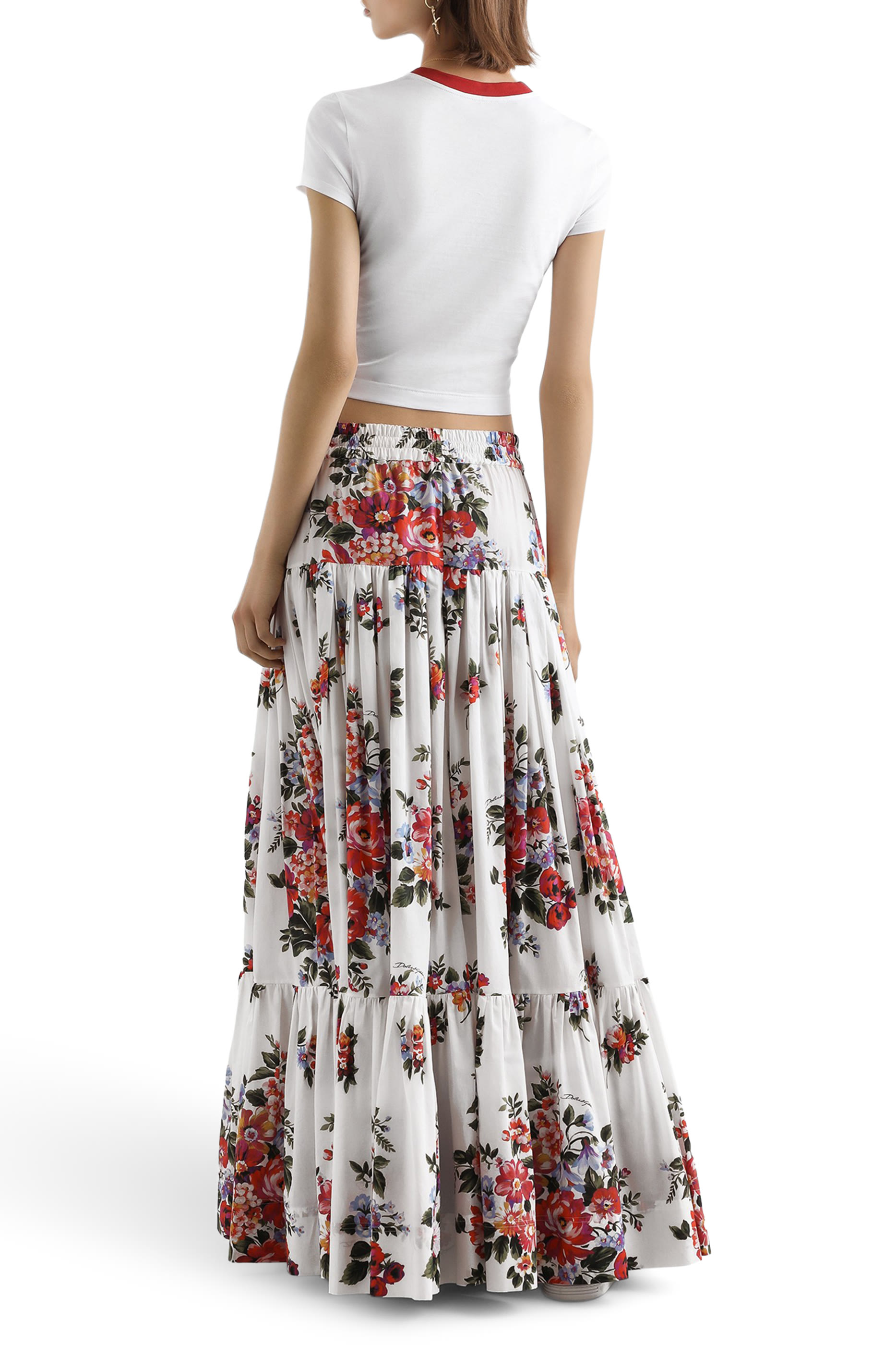 Flower Bouquet-Print Poplin Long Skirt