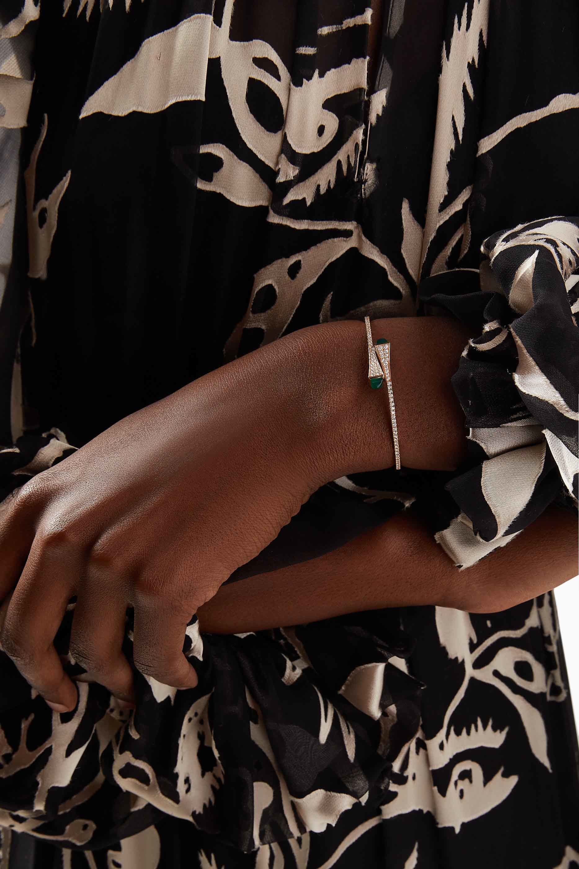 Cleo Slim Bangle, 18k Pink Gold with Green Agate & Diamonds