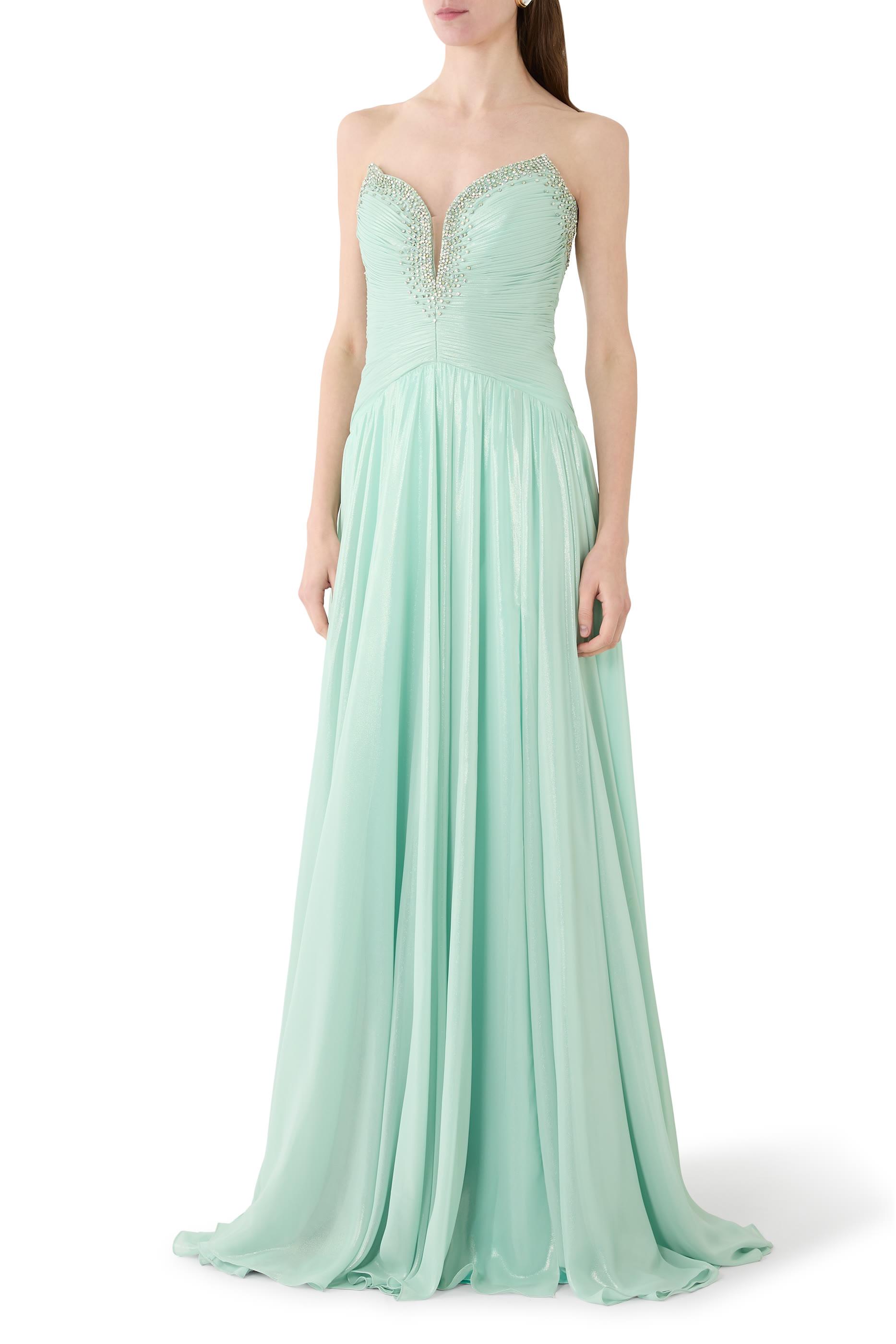  Strapless Shimmer Gown with Deep V Neckline