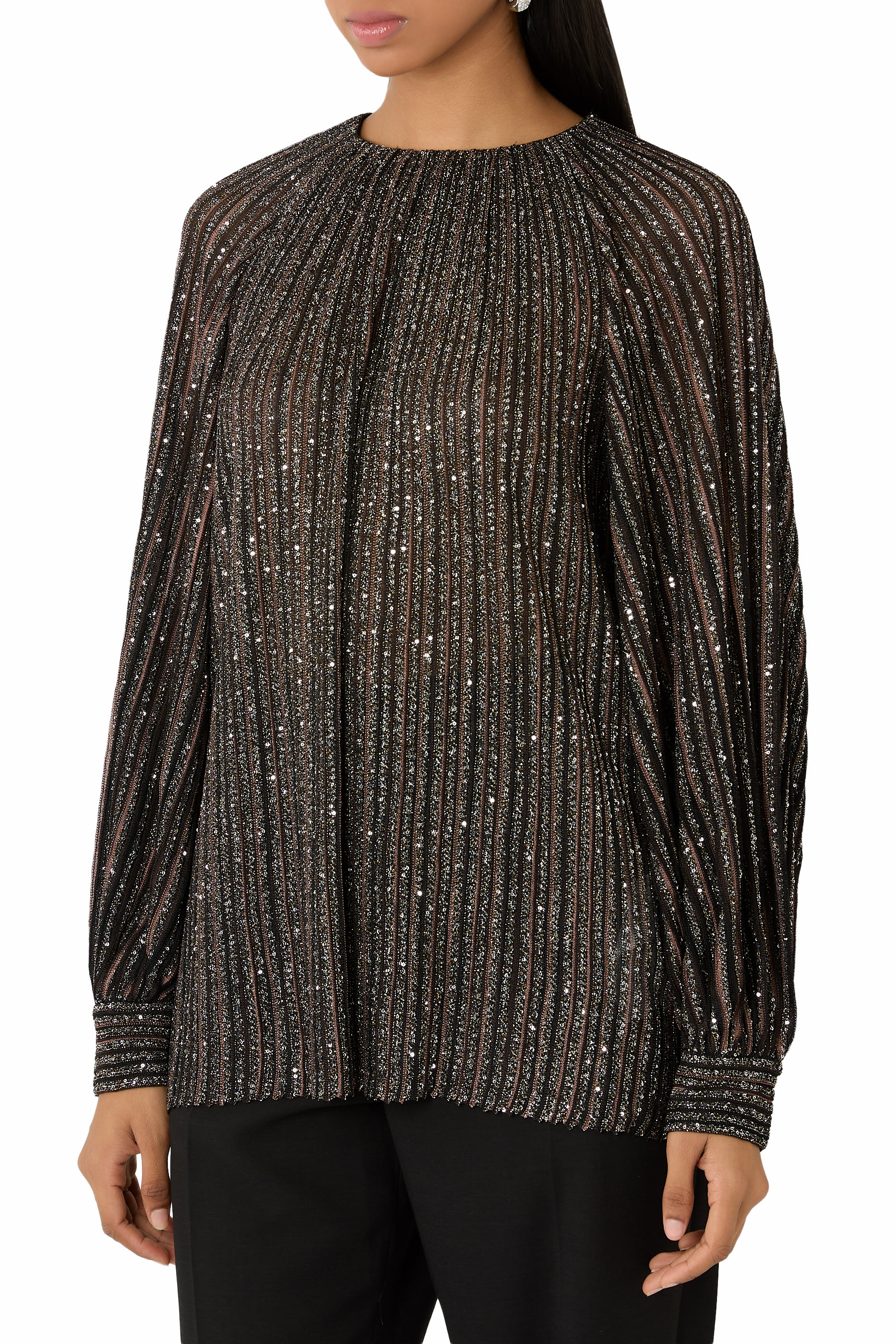 Flared Crew Neck Sweater with Lam&eacute; Stripes