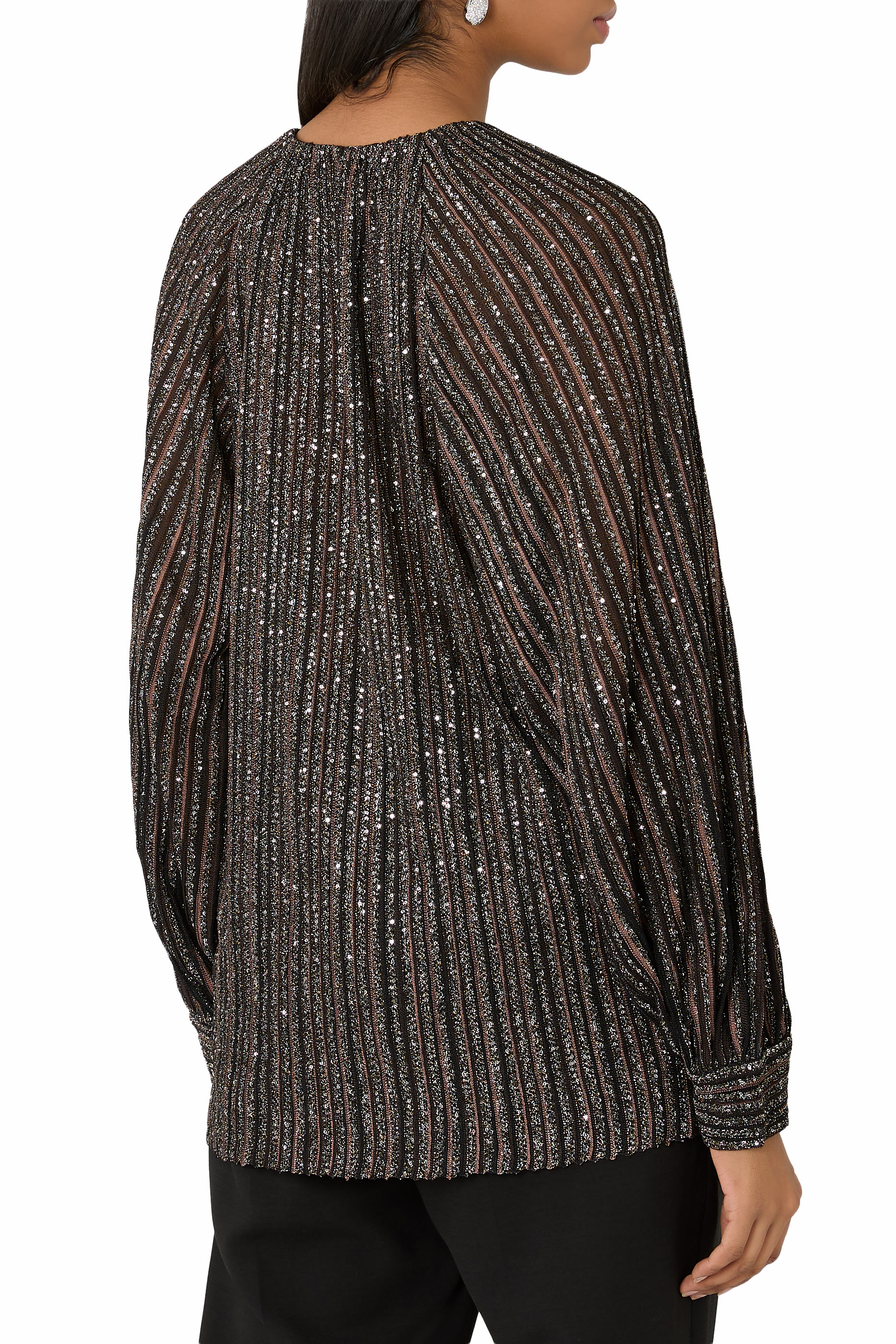 Flared Crew Neck Sweater with Lam&eacute; Stripes