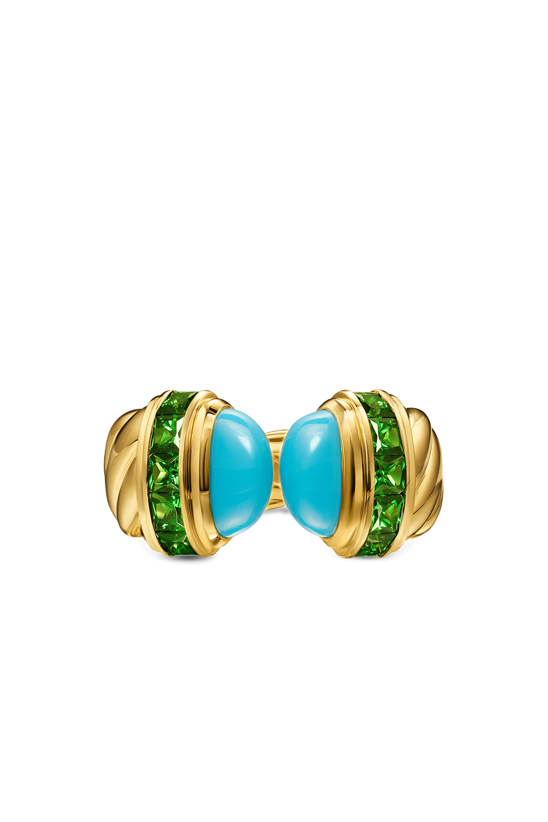  Sculpted Cable Open Cocktail Ring, 18K Yellow Gold with Turquoise & Tsavorites