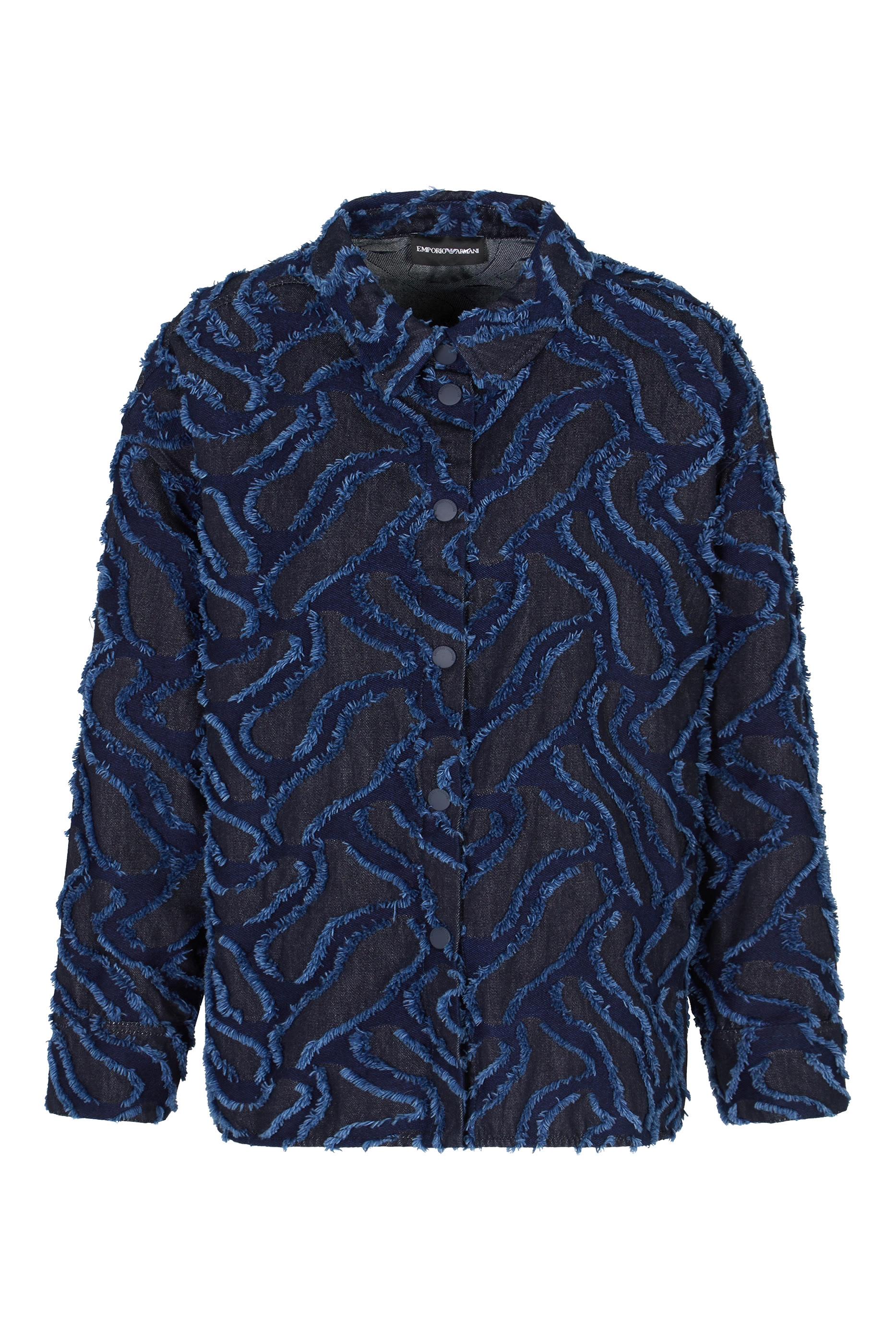  Fringed Embossed-Motif Jacquard Denim Shirt Jacket