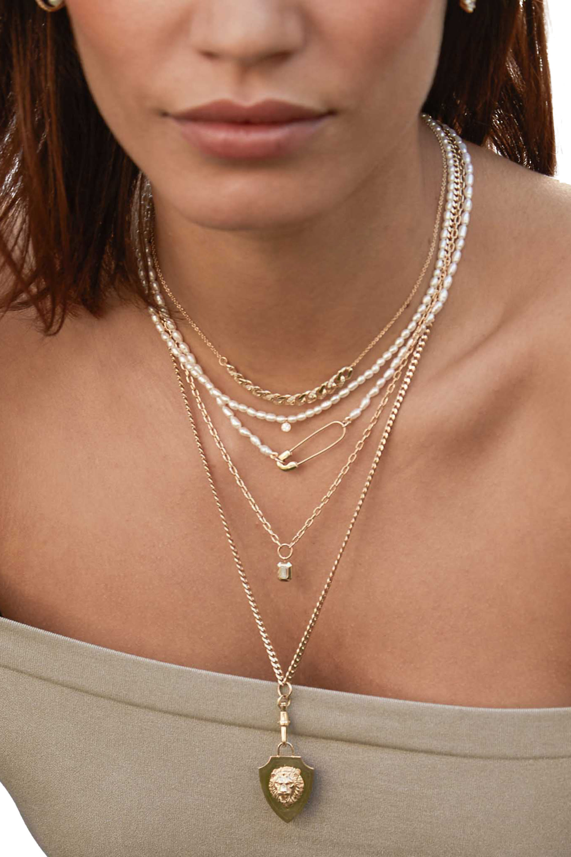  Pendant Rice Pearl Necklace, 14K Yellow Gold & Diamond