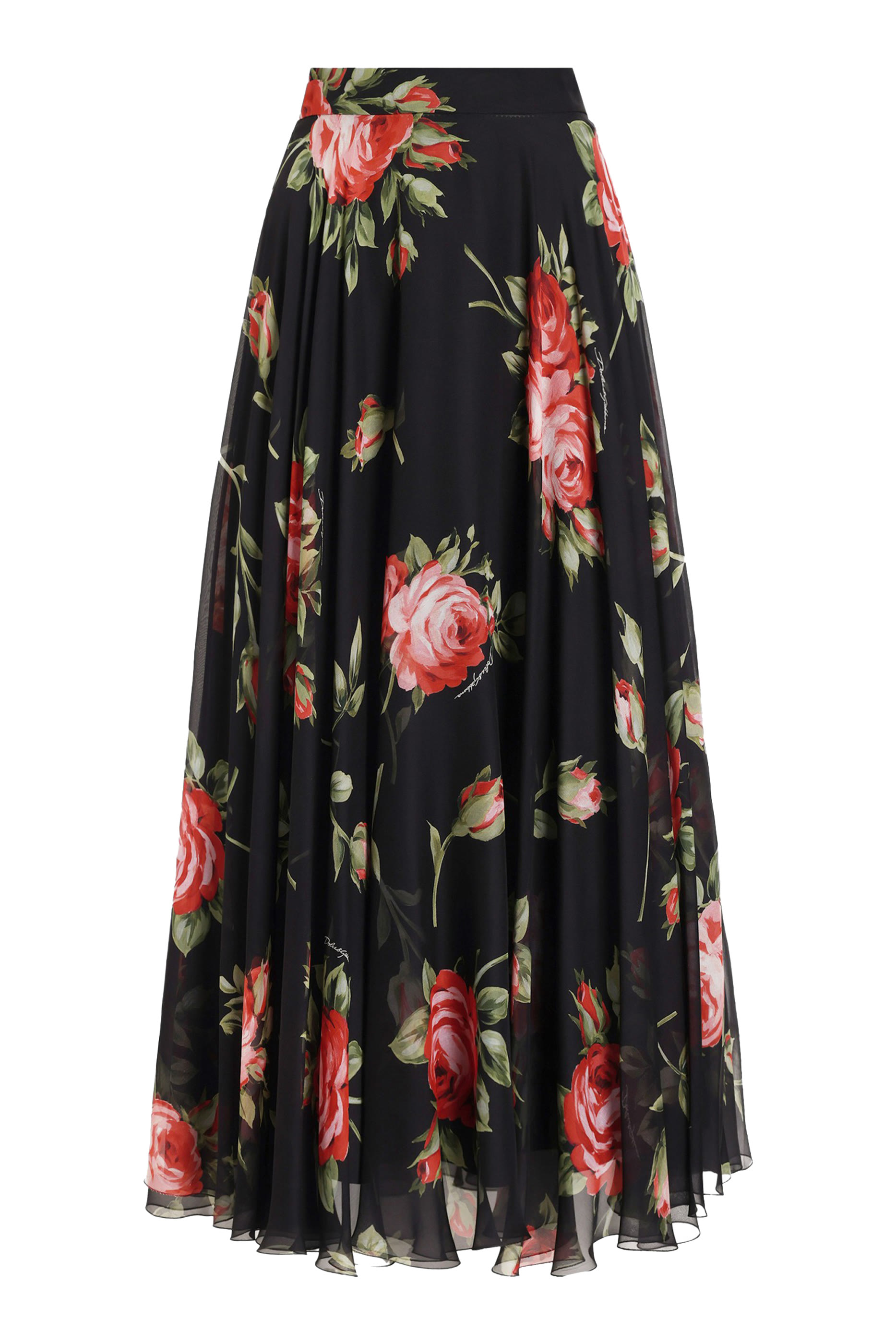 Rose Bouquet-Print Chiffon Circle Skirt