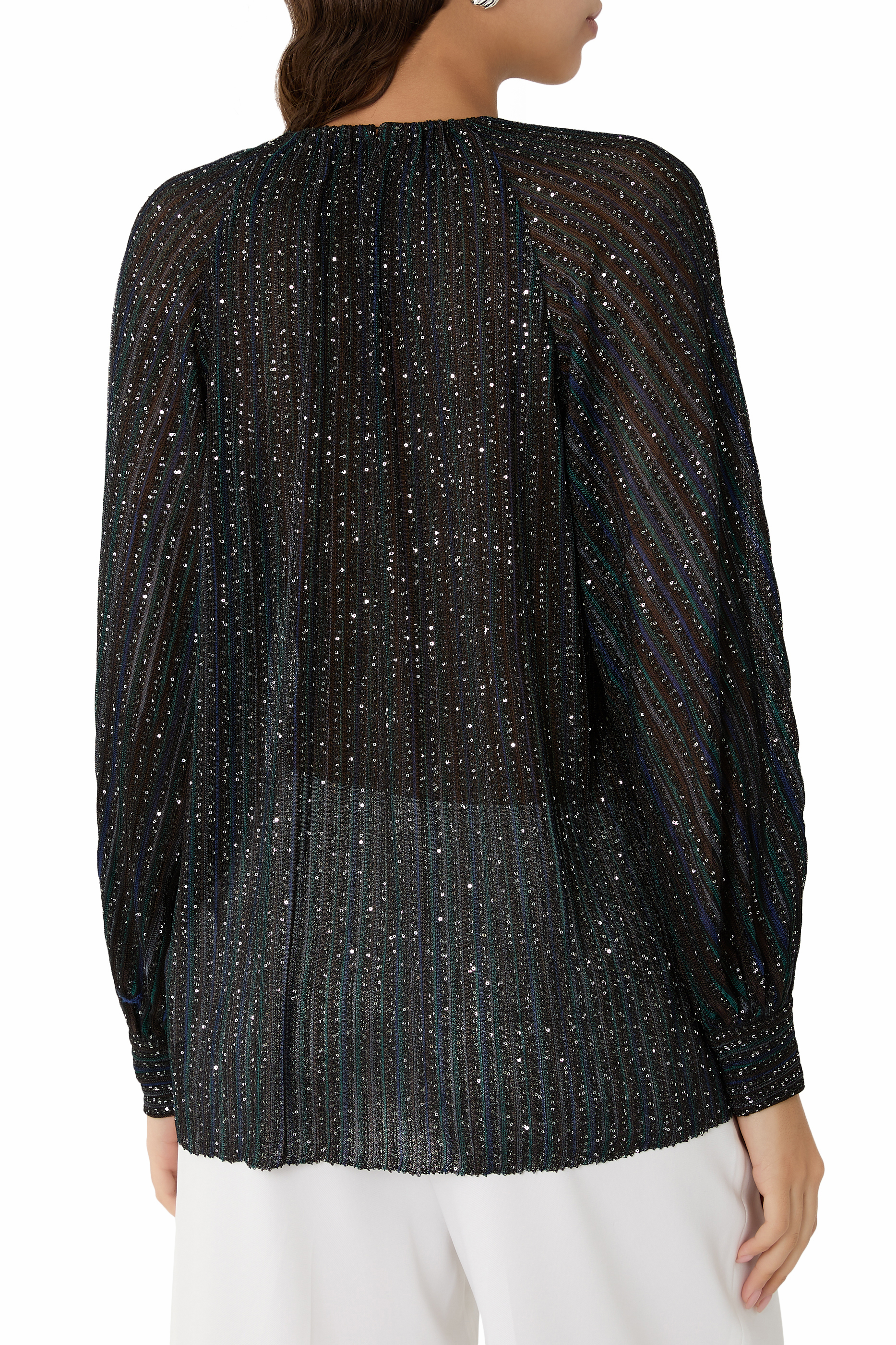 Flared Crew Neck Sweater with Lam&eacute; Stripes