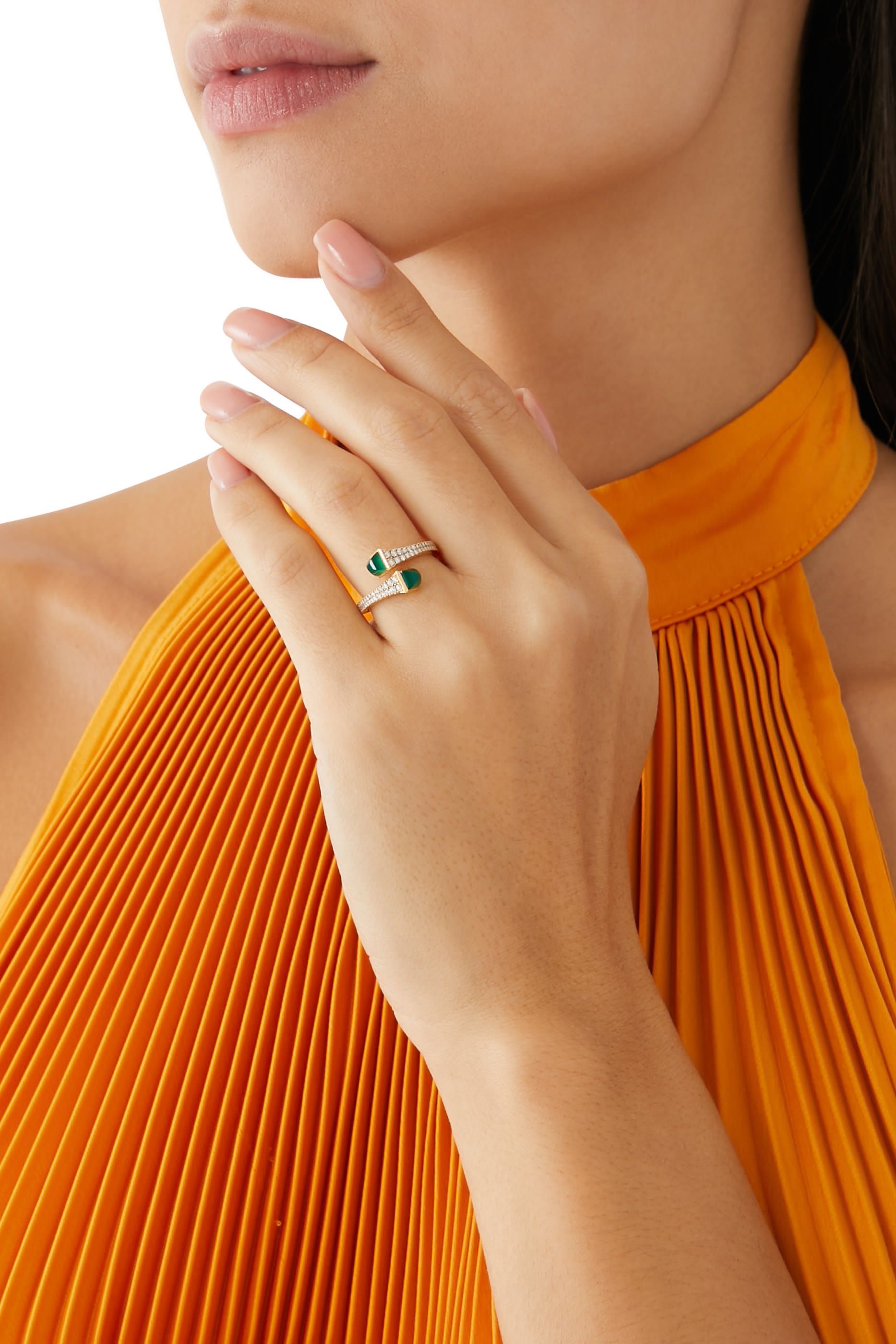 Cleo Slim Ring, 18k Yellow Gold with Green Agate & Diamonds