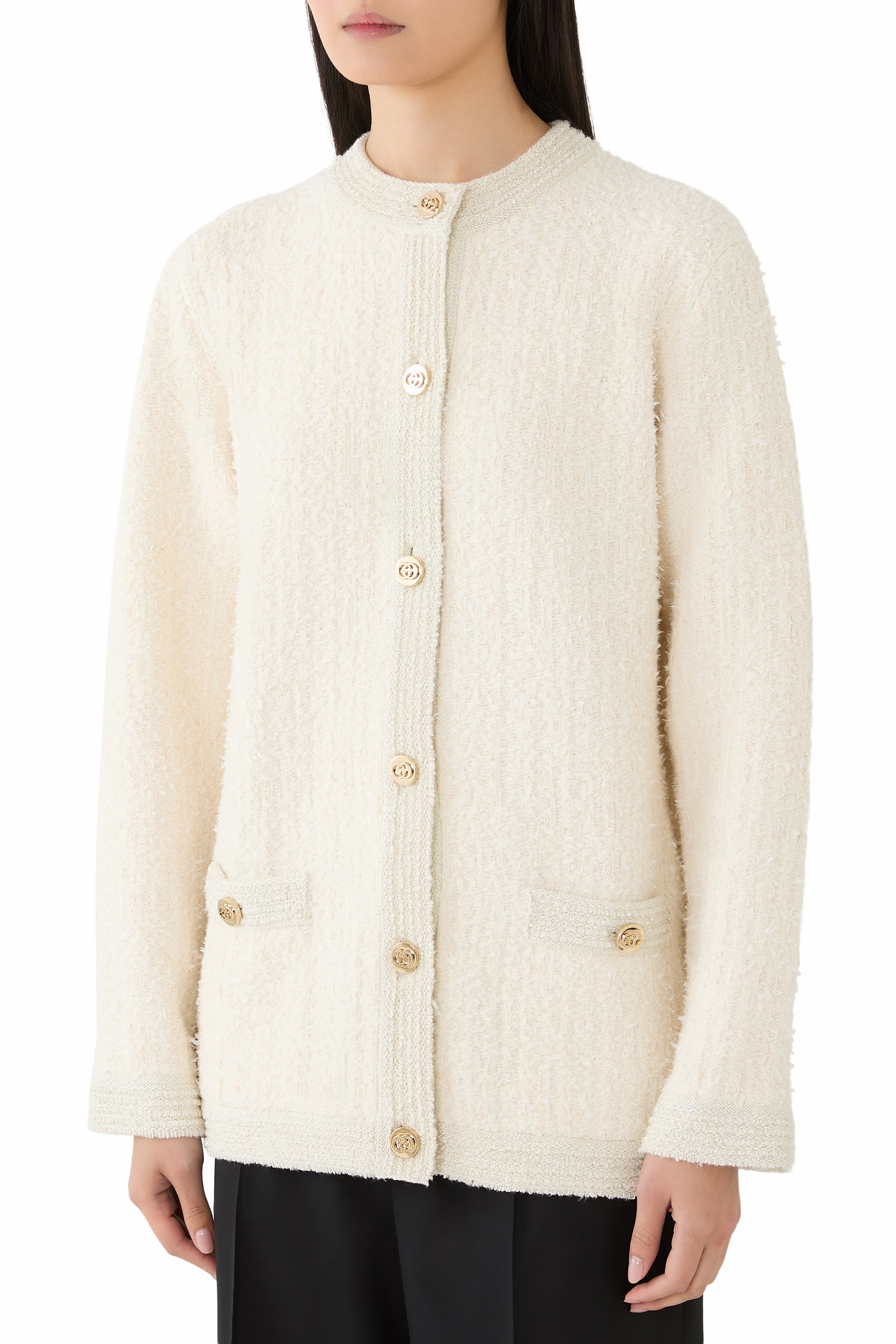  Wool Lam&eacute; Boucl&eacute; Cardigan