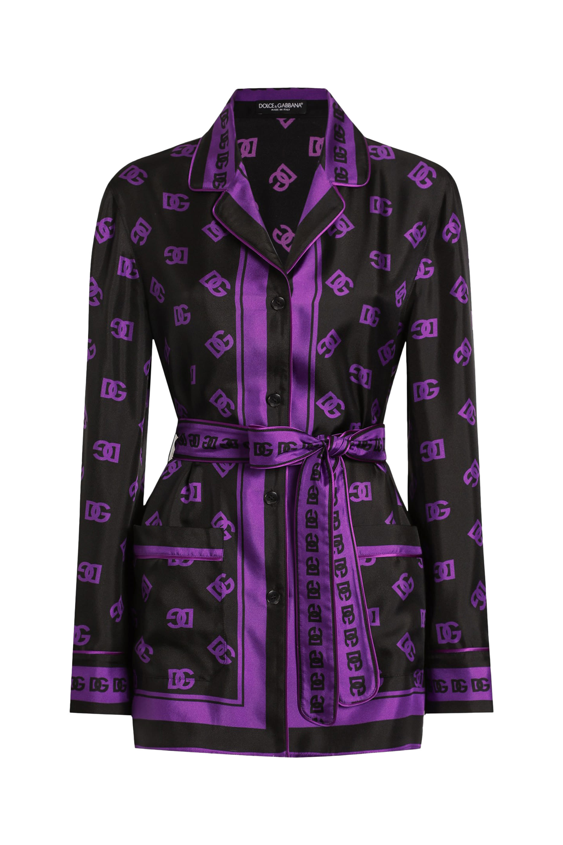 Silk Twill Pajama Shirt with All-Over DG Logo Scarf Print