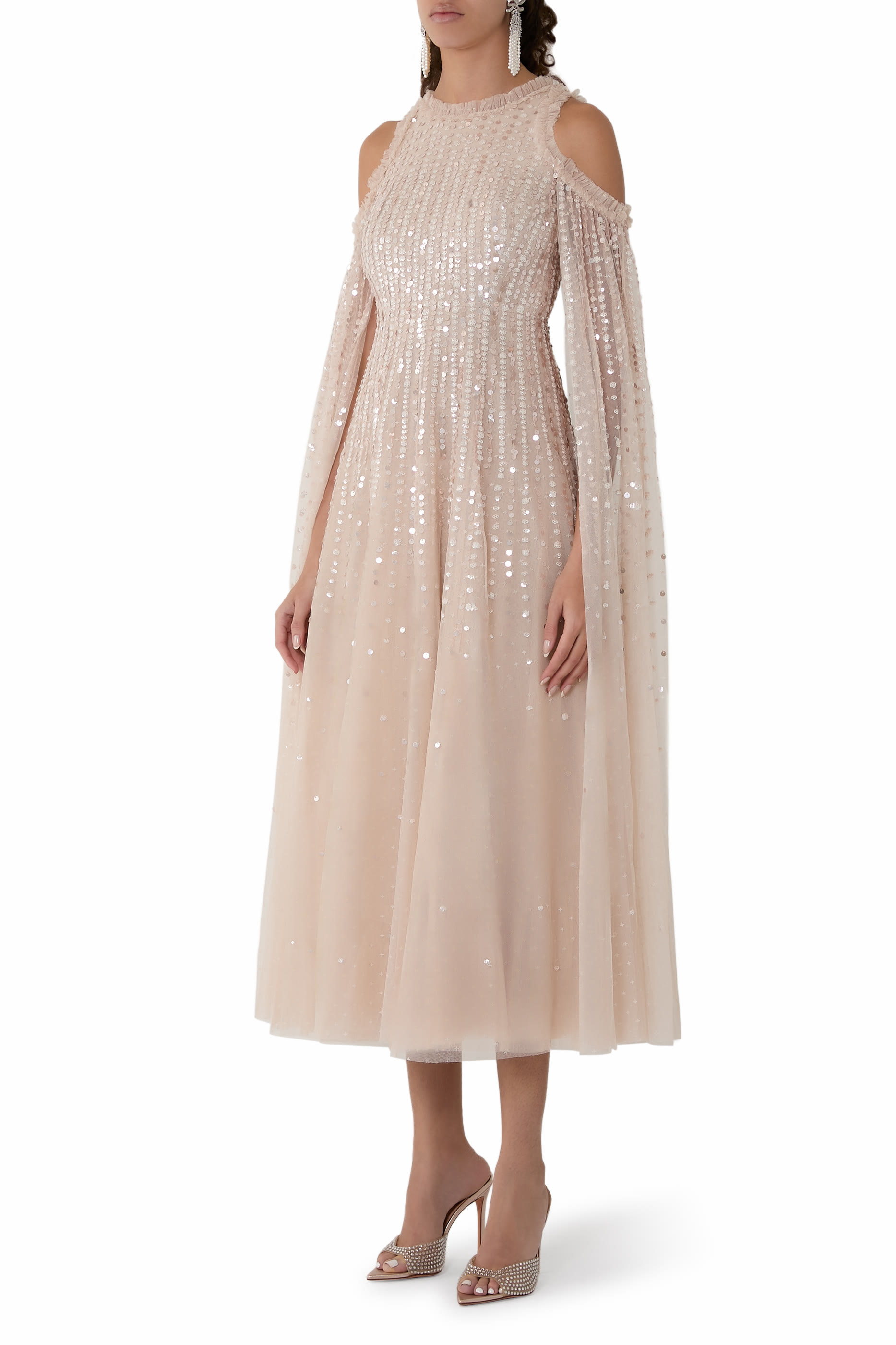 Moonlight Sequin Cape Sleeve Ankle Gown