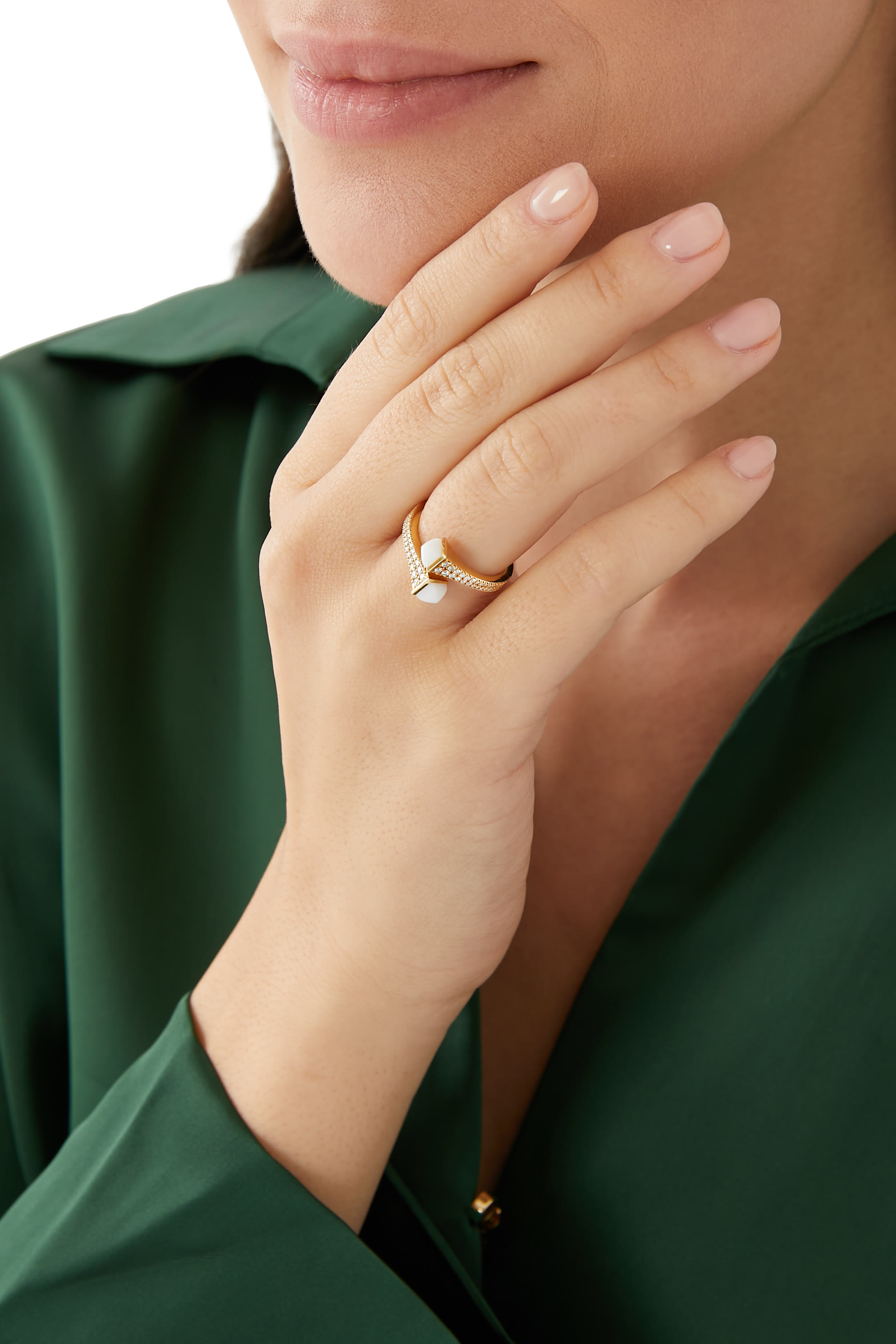 Cleo  Wrap Ring, 18k Yellow Gold with White Agate & Diamonds